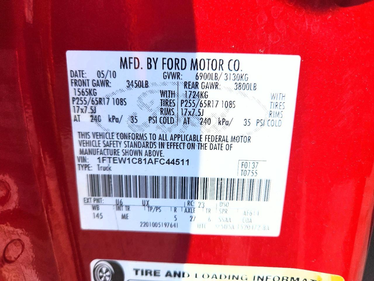 2010 Ford F150 Supercrew Red vin: 1FTEW1C81AFC44511