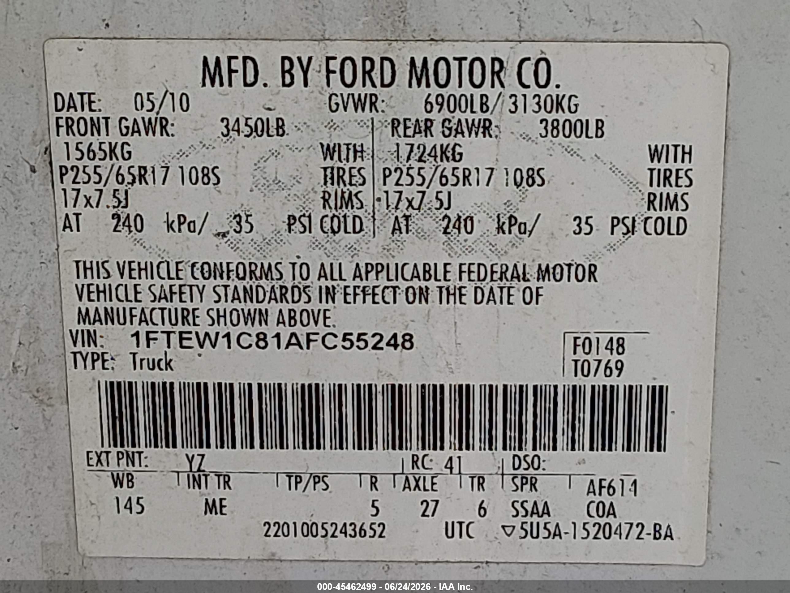 2010 Ford F-150 Fx2 Sport/xl/xlt White vin: 1FTEW1C81AFC55248
