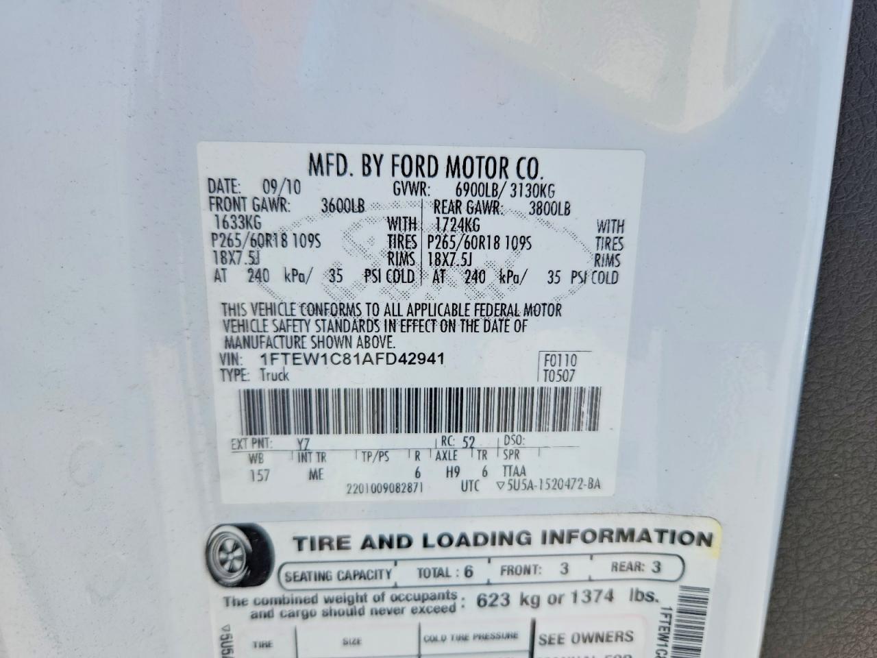 2010 Ford F150 Supercrew White vin: 1FTEW1C81AFD42941