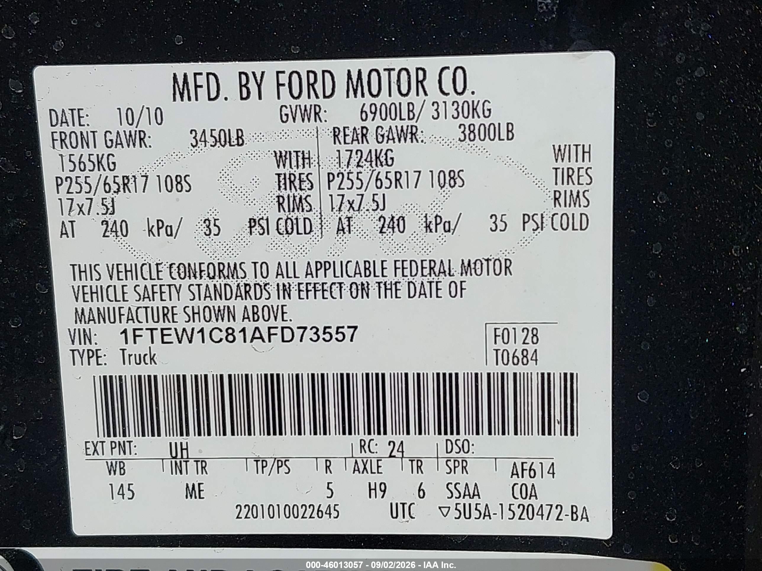 2010 Ford F-150   Черный vin: 1FTEW1C81AFD73557