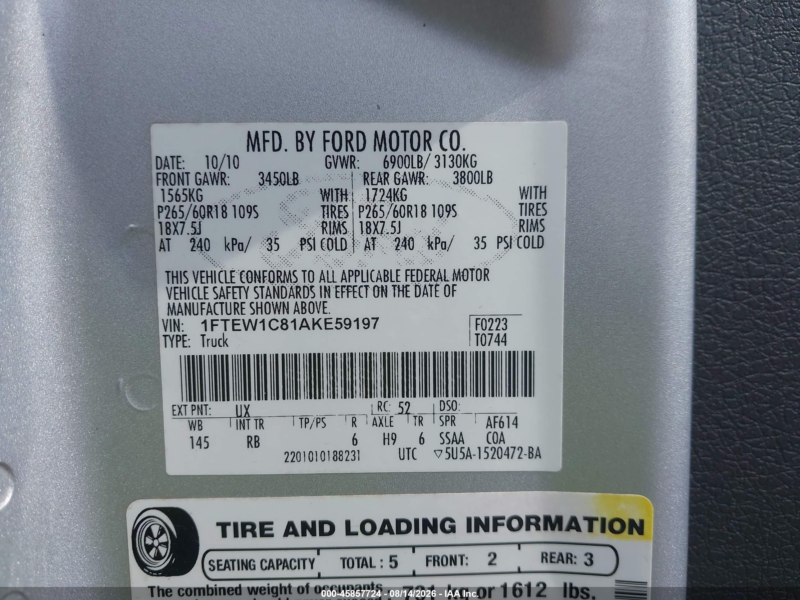 2010 Ford F-150 Fx2 Sport/xl/xlt Silver vin: 1FTEW1C81AKE59197