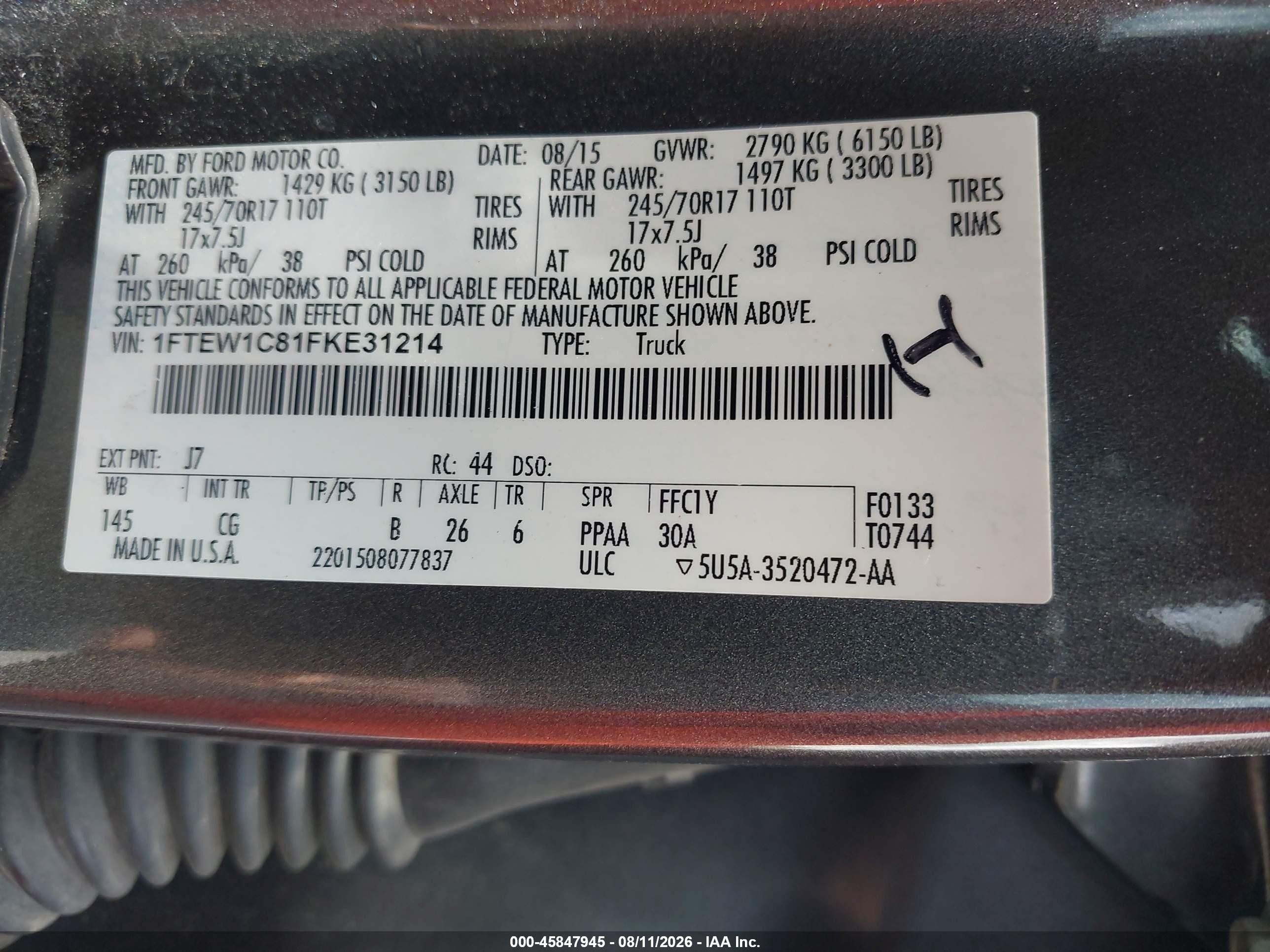 2015 Ford F-150 Xl Серый vin: 1FTEW1C81FKE31214