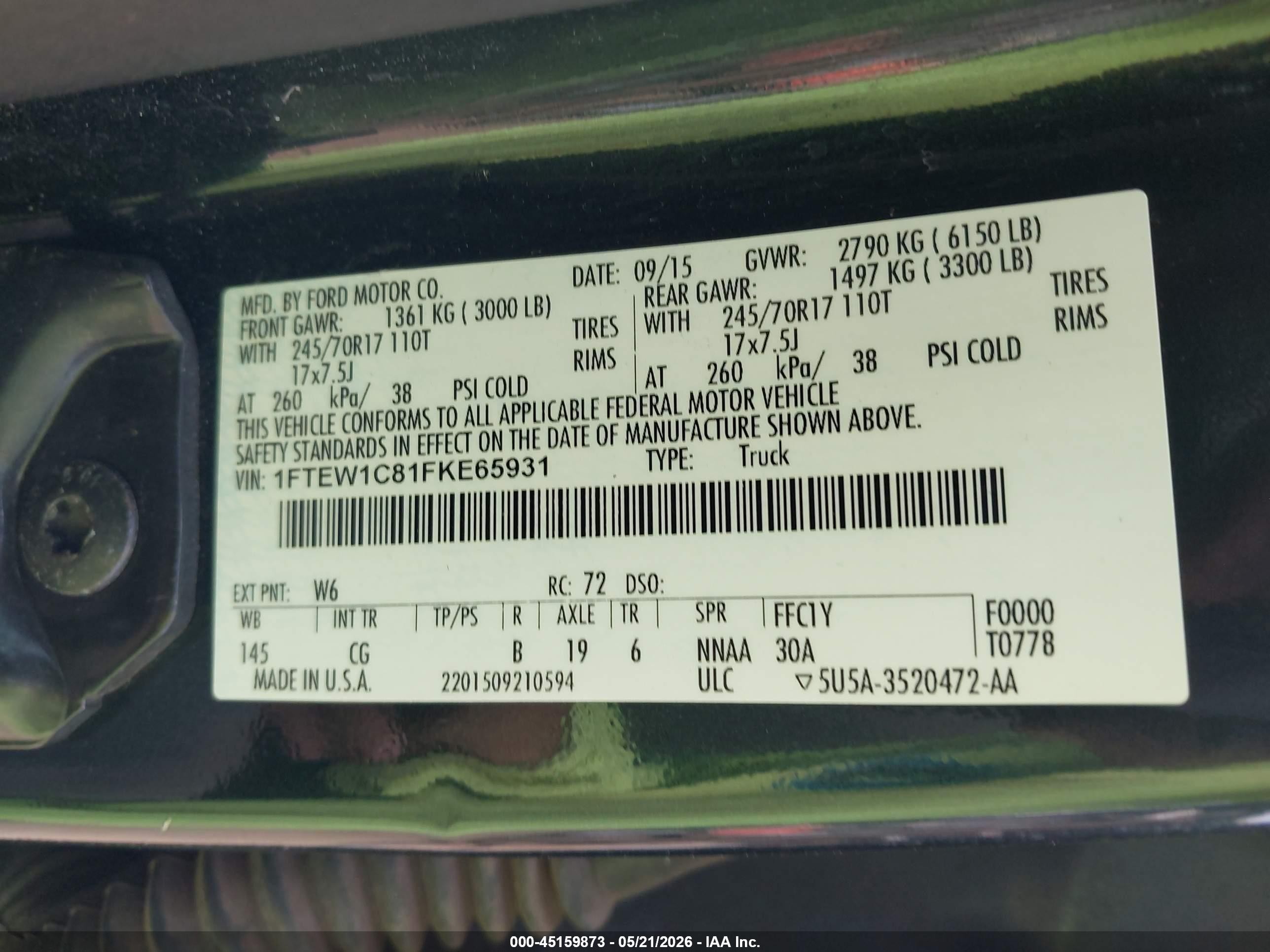 2015 Ford F-150 Xl Green vin: 1FTEW1C81FKE65931