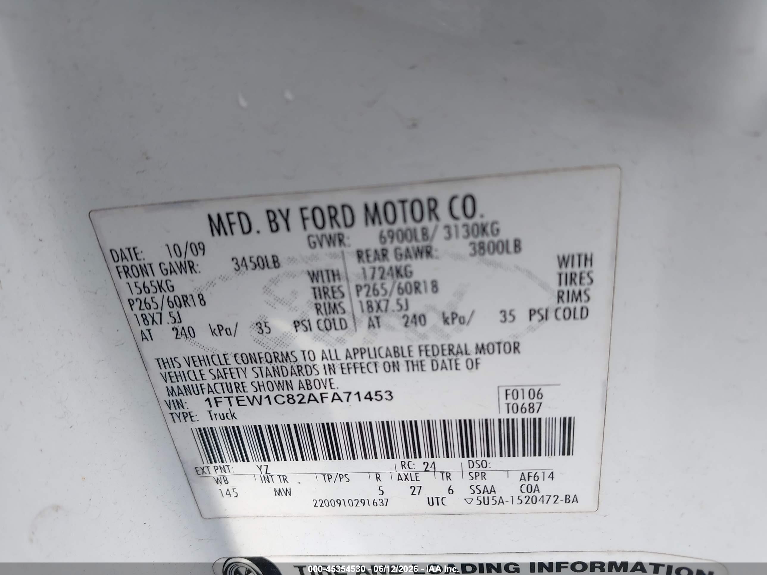 2010 Ford F-150 Fx2 Sport/xl/xlt White vin: 1FTEW1C82AFA71453