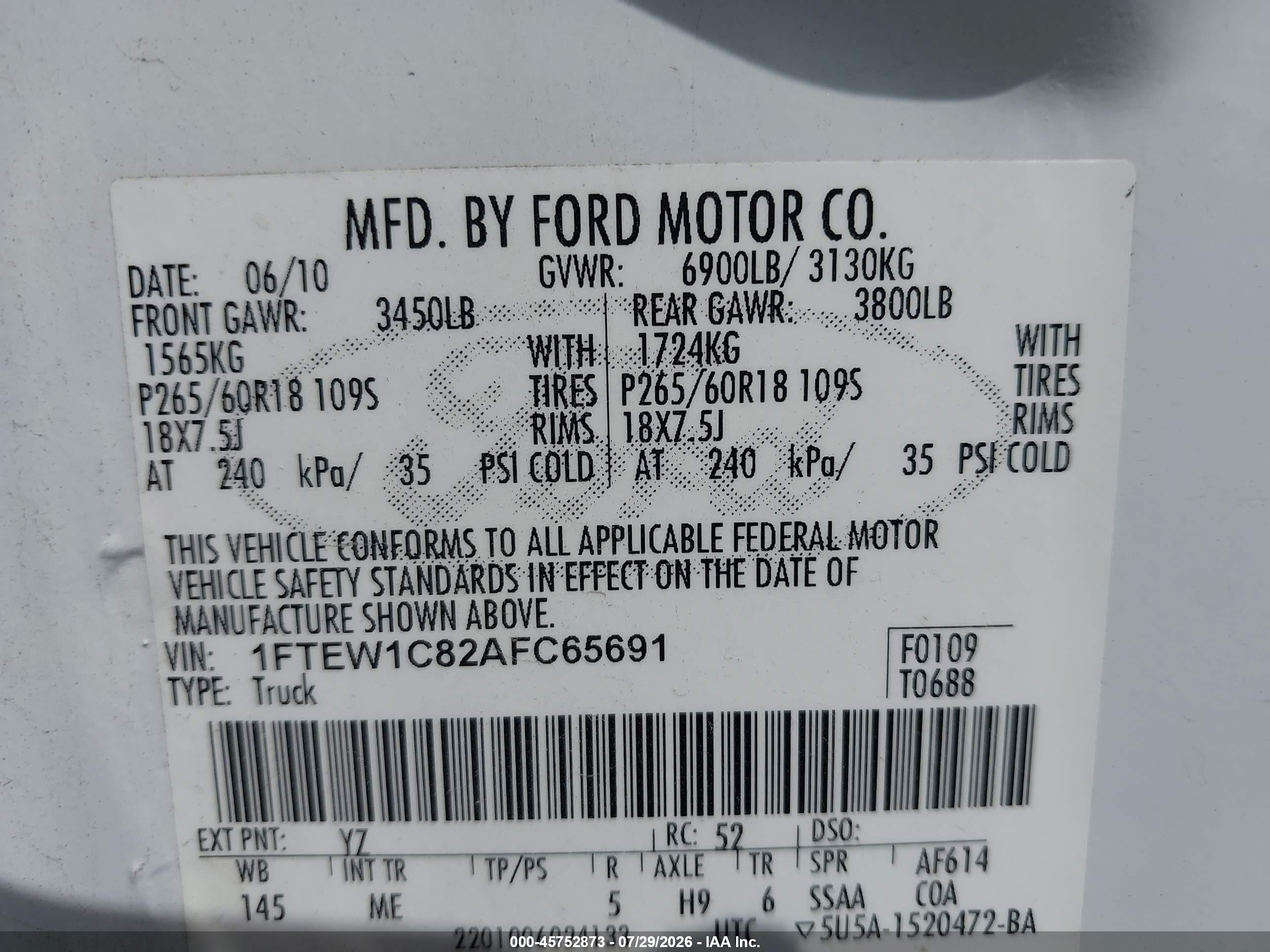 2010 Ford F-150 Fx2 Sport/xl/xlt White vin: 1FTEW1C82AFC65691
