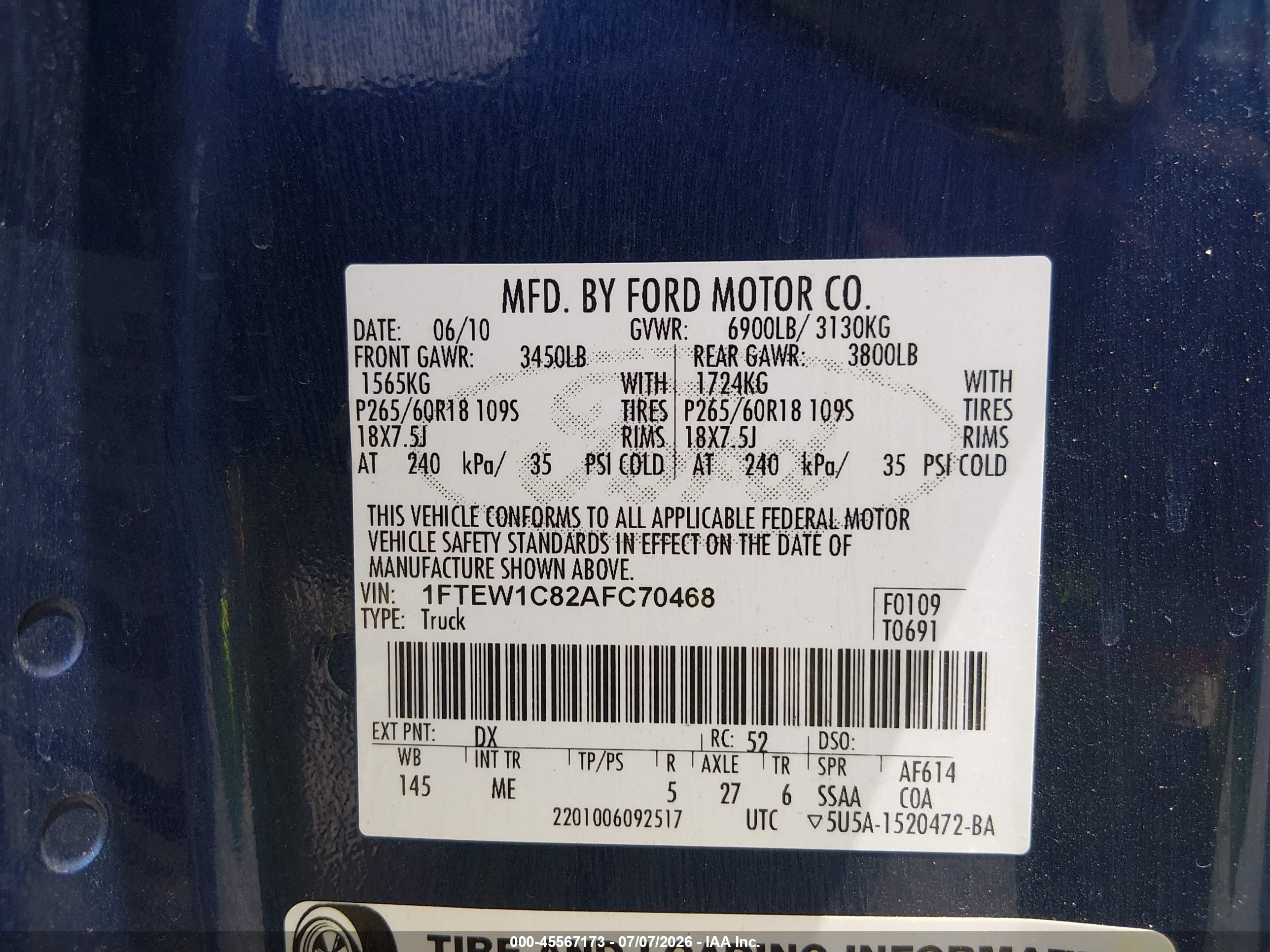 2010 Ford F-150 Xlt Blue vin: 1FTEW1C82AFC70468