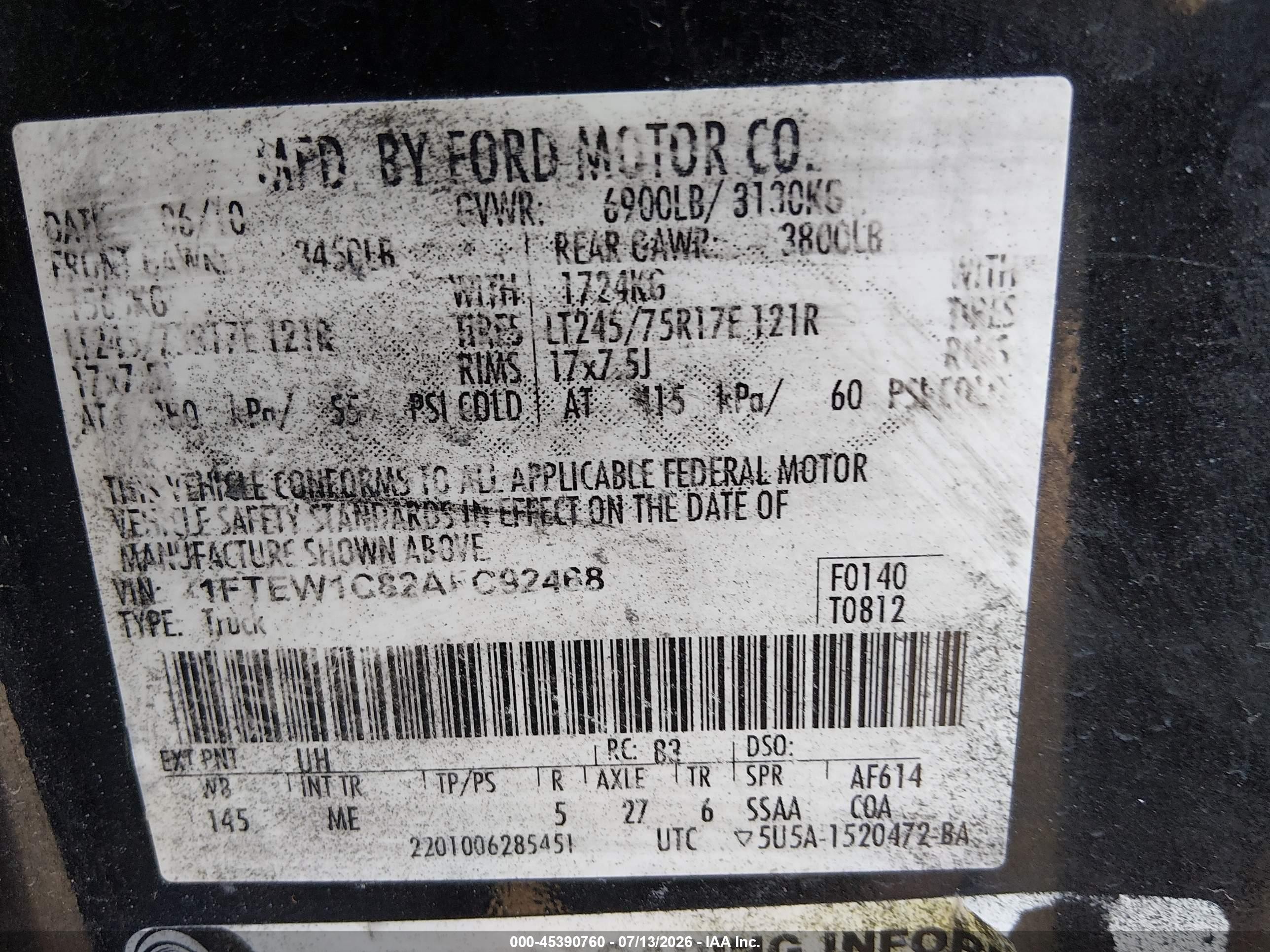 2010 Ford F-150 Fx2 Sport/xl/xlt Черный vin: 1FTEW1C82AFC92468