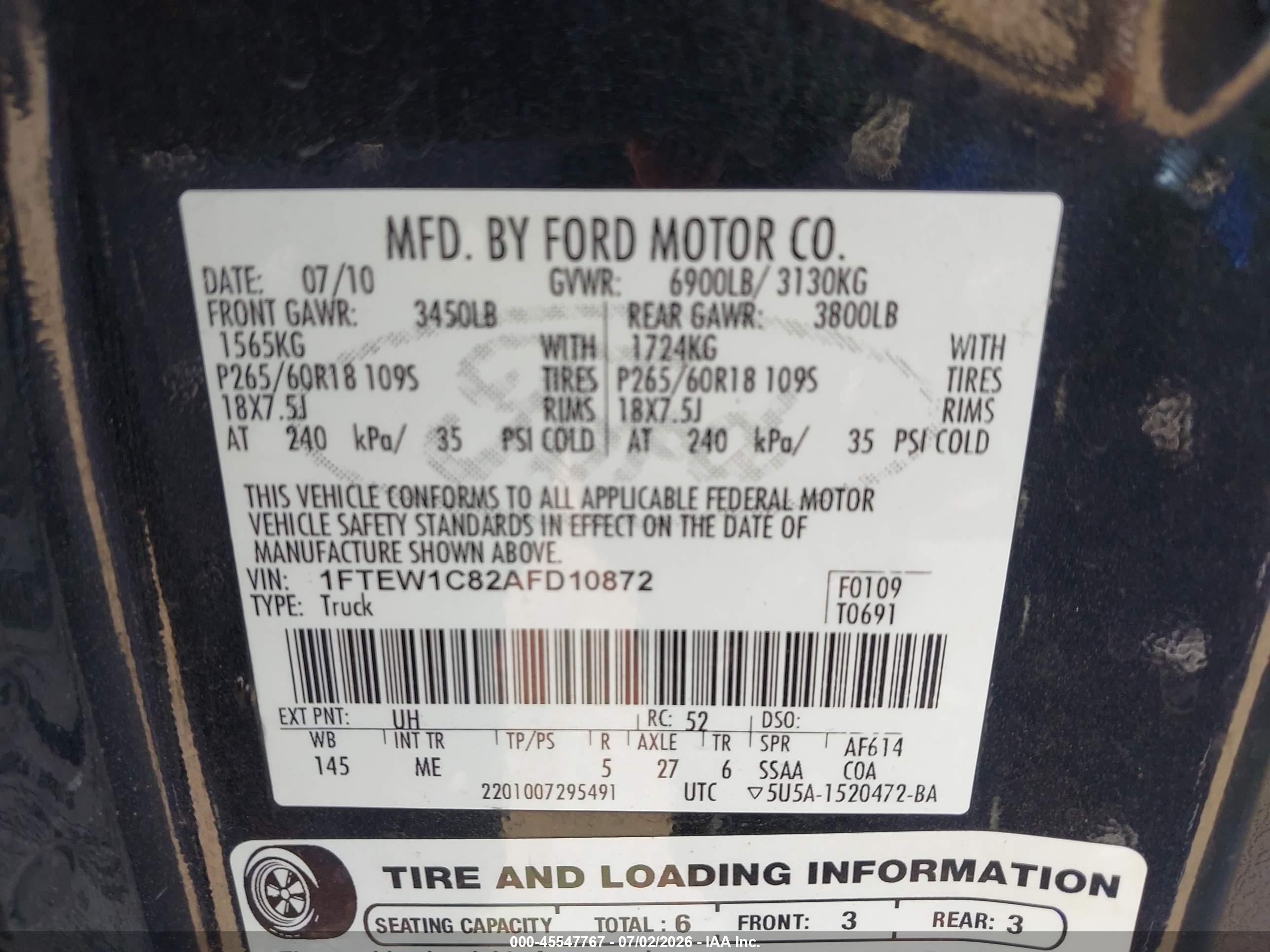 2010 Ford F-150 Fx2 Sport/xl/xlt Black vin: 1FTEW1C82AFD10872