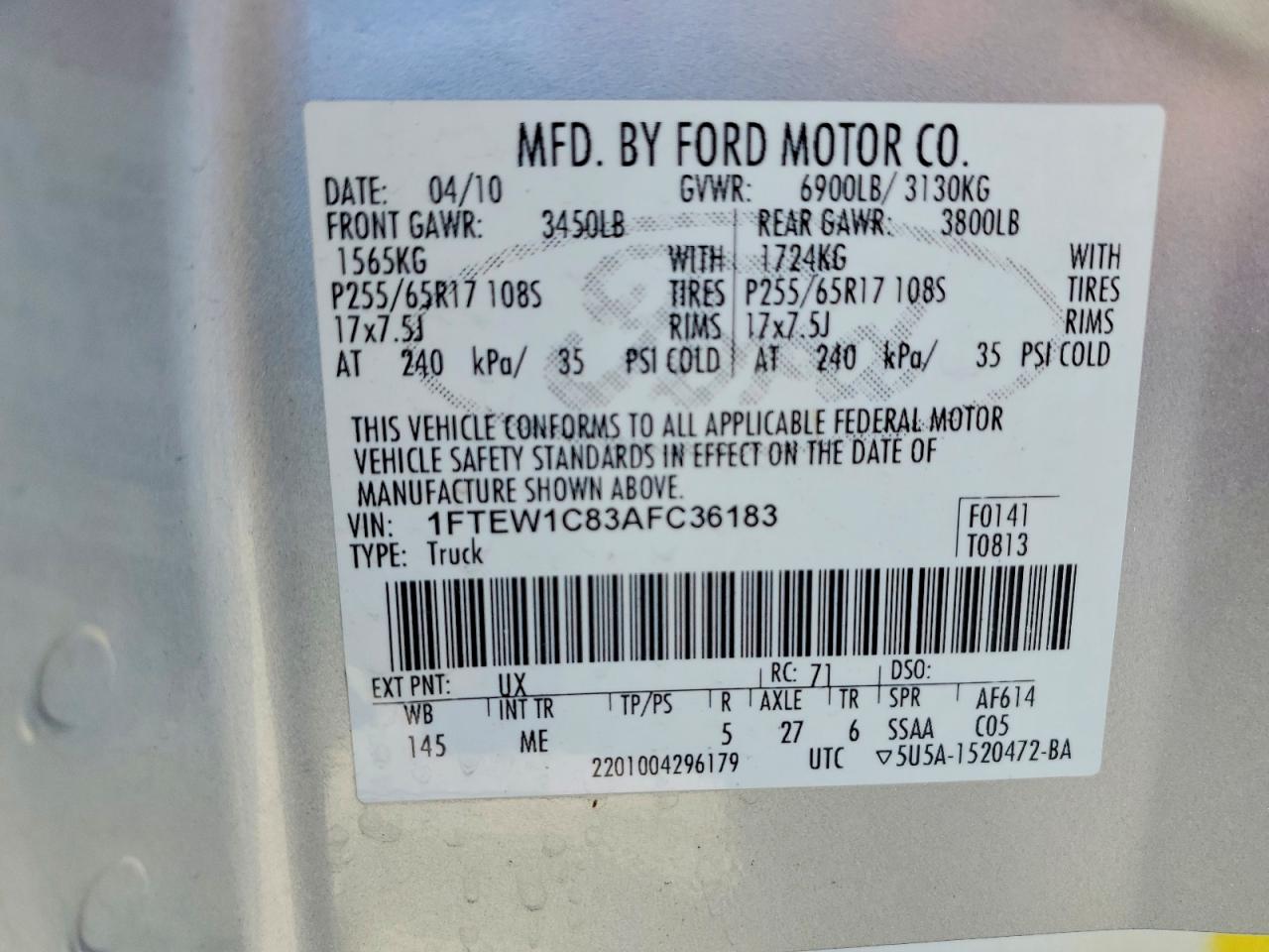 2010 Ford F150 Supercrew Silver vin: 1FTEW1C83AFC36183