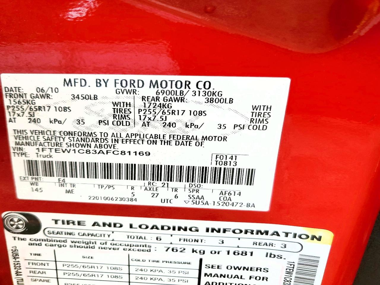 2010 Ford F150 Supercrew Red vin: 1FTEW1C83AFC81169