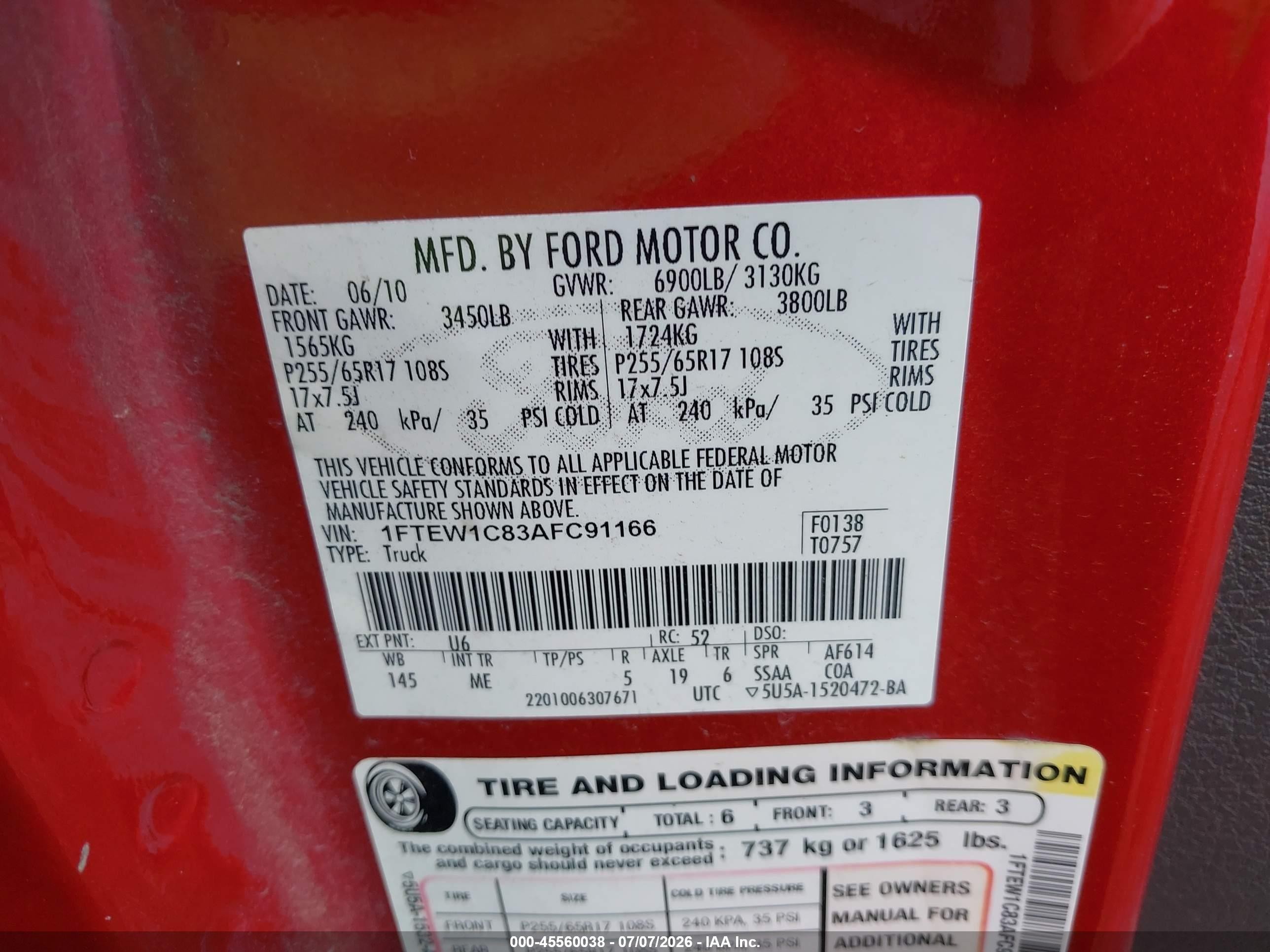 2010 Ford F-150 Fx2 Sport/xl/xlt Red vin: 1FTEW1C83AFC91166