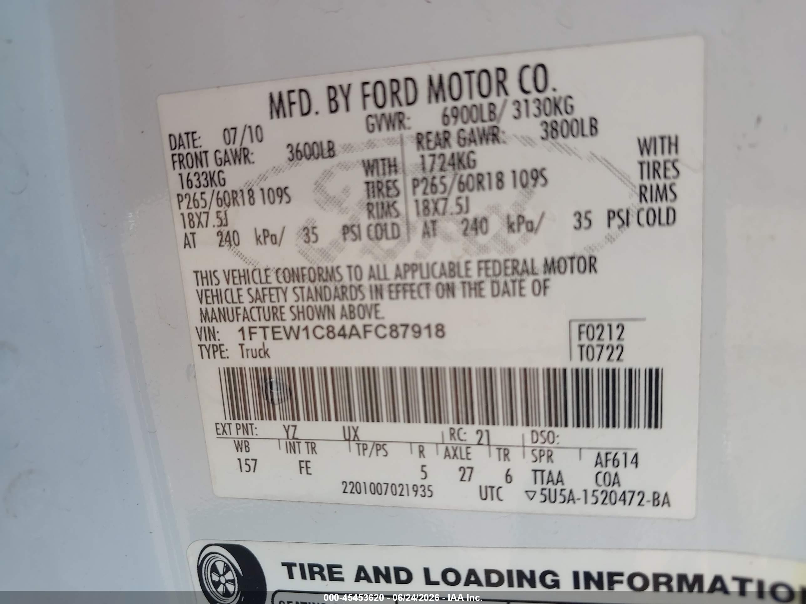 2010 Ford F-150 Xlt White vin: 1FTEW1C84AFC87918