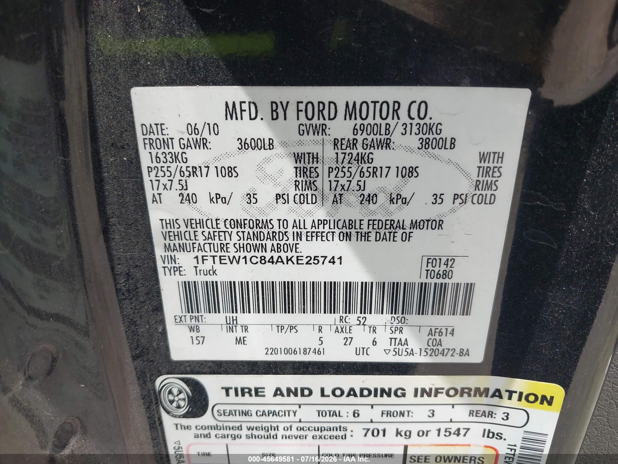 2010 Ford F-150 Fx2 Sport/xl/xlt Черный vin: 1FTEW1C84AKE25741