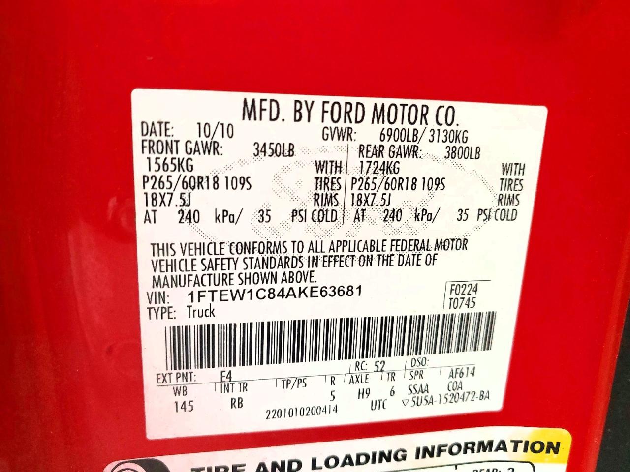 2010 Ford F150 Supercrew Red vin: 1FTEW1C84AKE63681