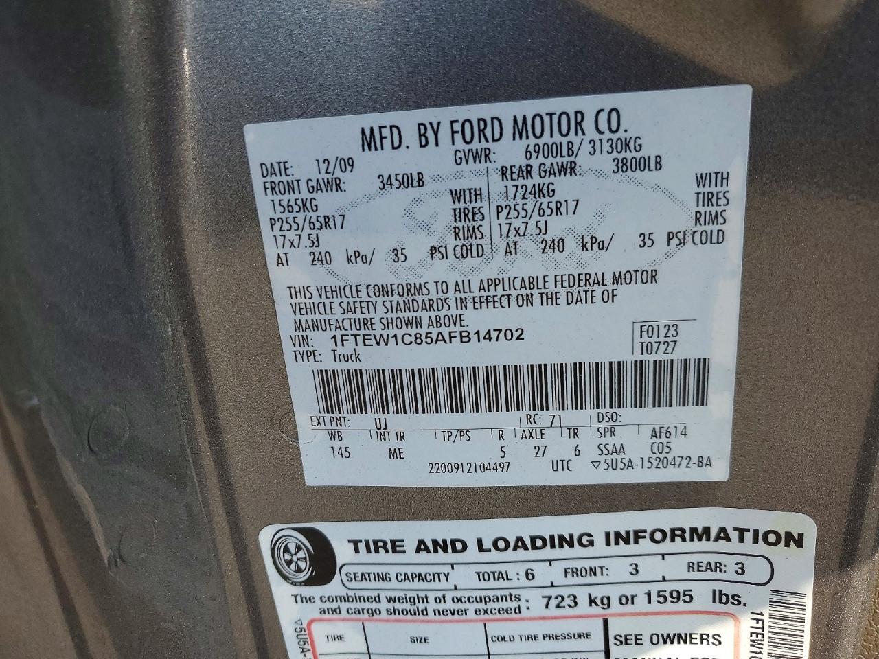 2010 Ford F150 Supercrew Gray vin: 1FTEW1C85AFB14702