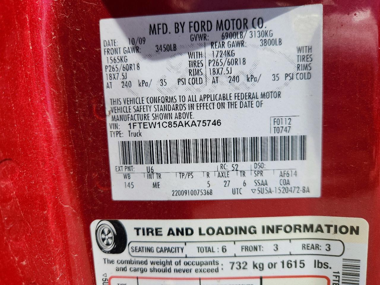 2010 Ford F150 Supercrew Red vin: 1FTEW1C85AKA75746