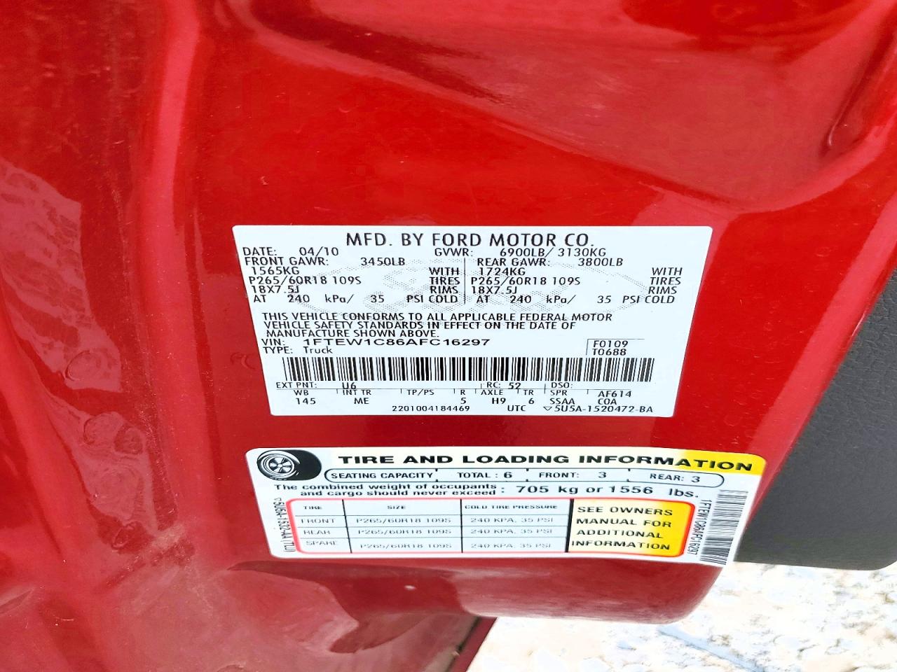 2010 Ford F150 Supercrew Red vin: 1FTEW1C86AFC16297