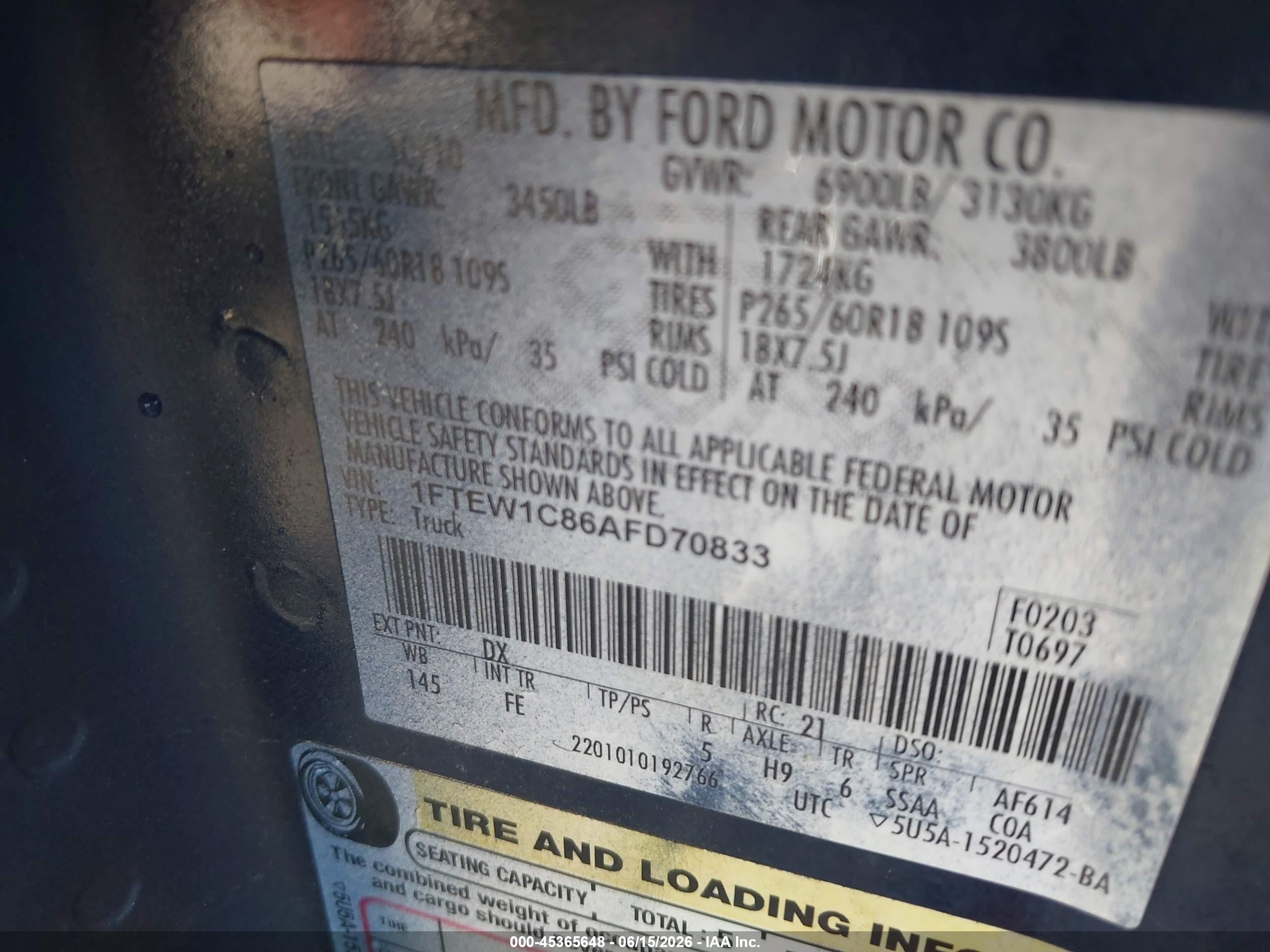 2010 Ford F-150 Fx2 Sport/xl/xlt Blue vin: 1FTEW1C86AFD70833