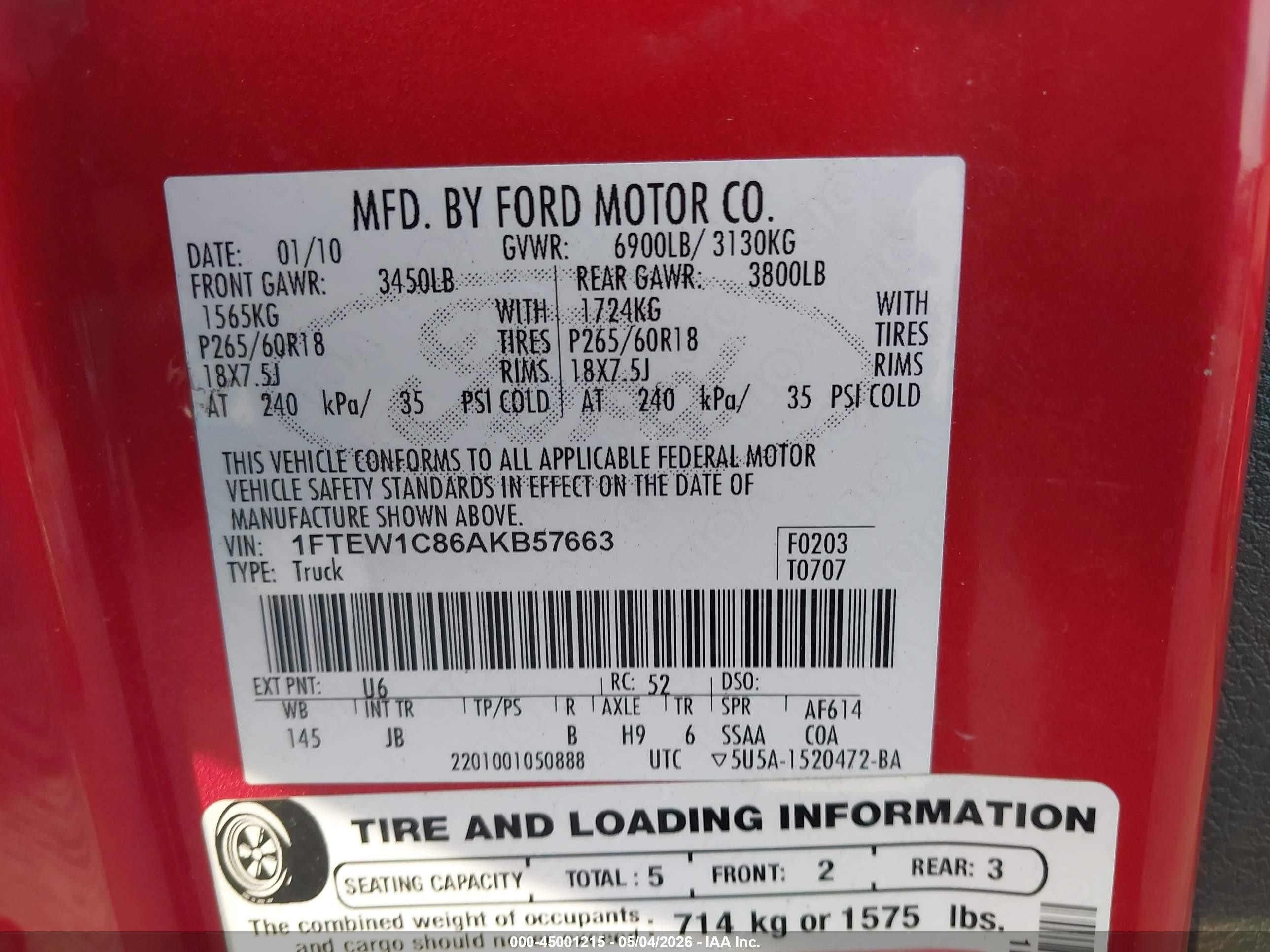 2010 Ford F-150 Fx2 Sport Red vin: 1FTEW1C86AKB57663