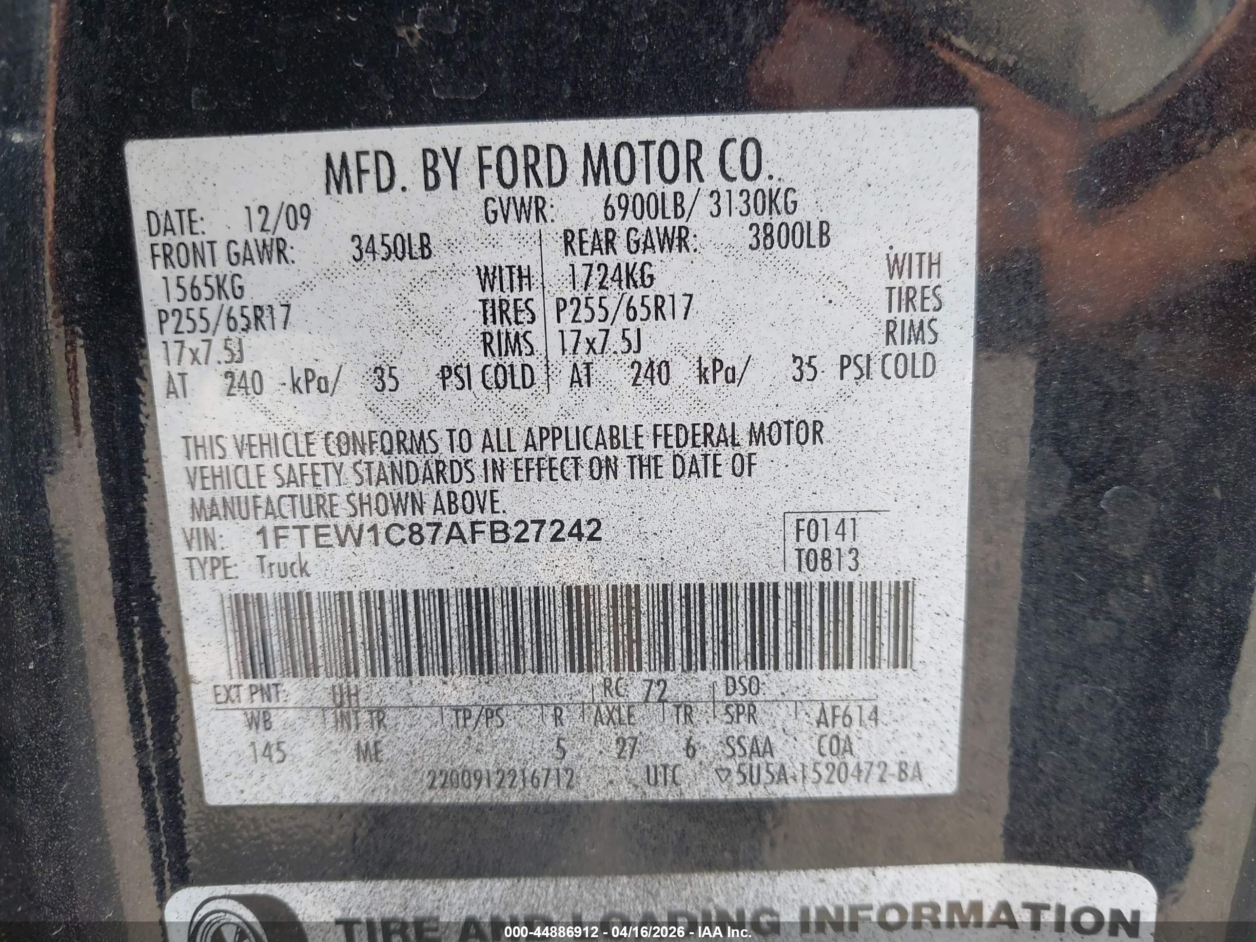 2010 Ford F-150 Fx2 Sport/xl/xlt Black vin: 1FTEW1C87AFB27242