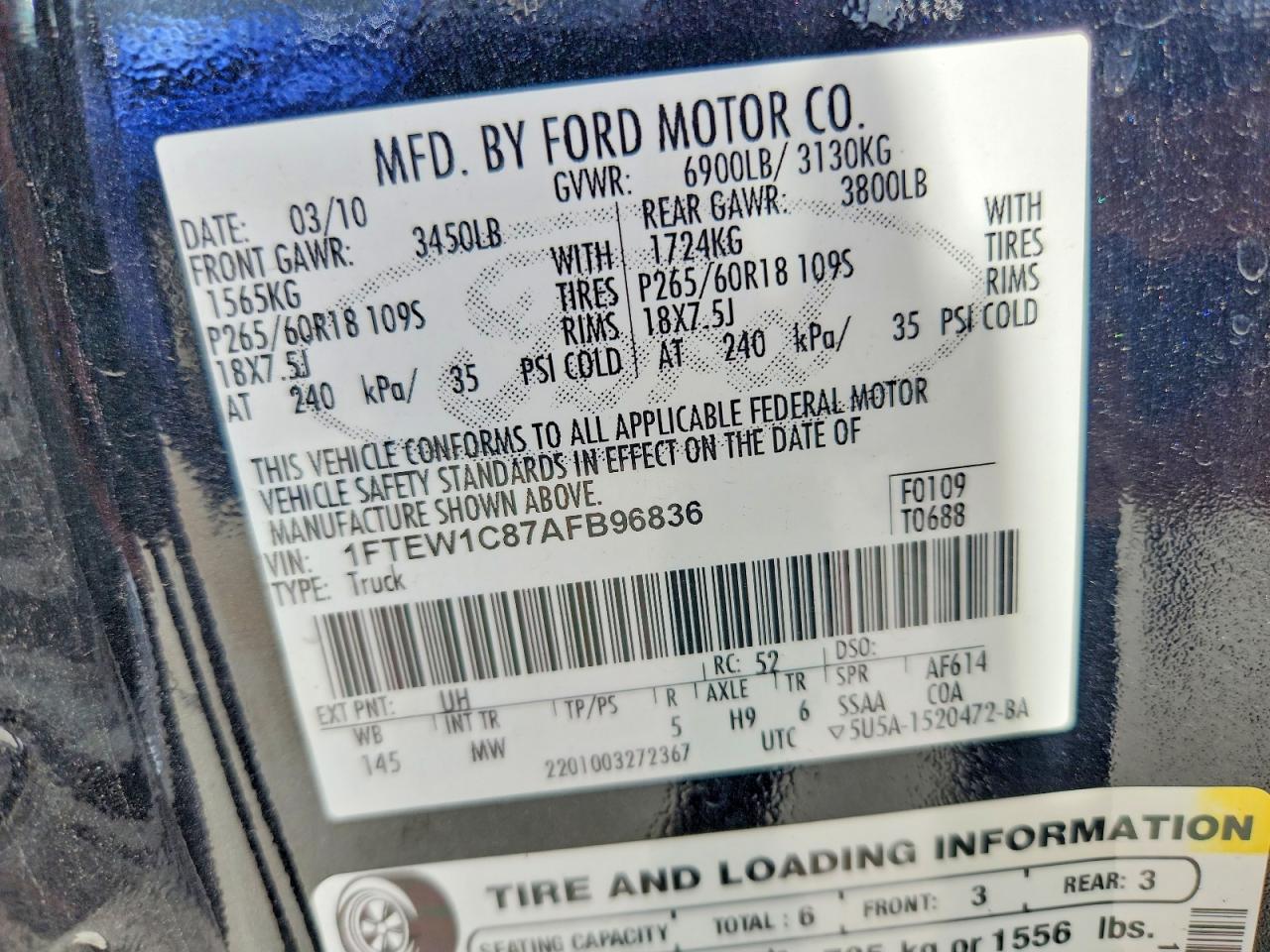 2010 Ford F150 Supercrew Black vin: 1FTEW1C87AFB96836