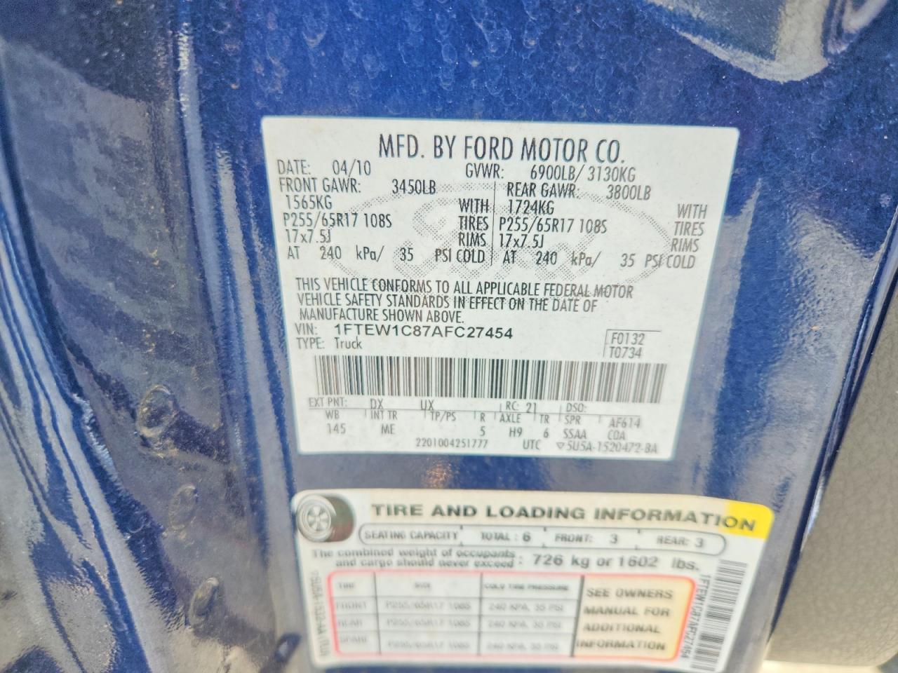 2010 Ford F150 Supercrew Blue vin: 1FTEW1C87AFC27454