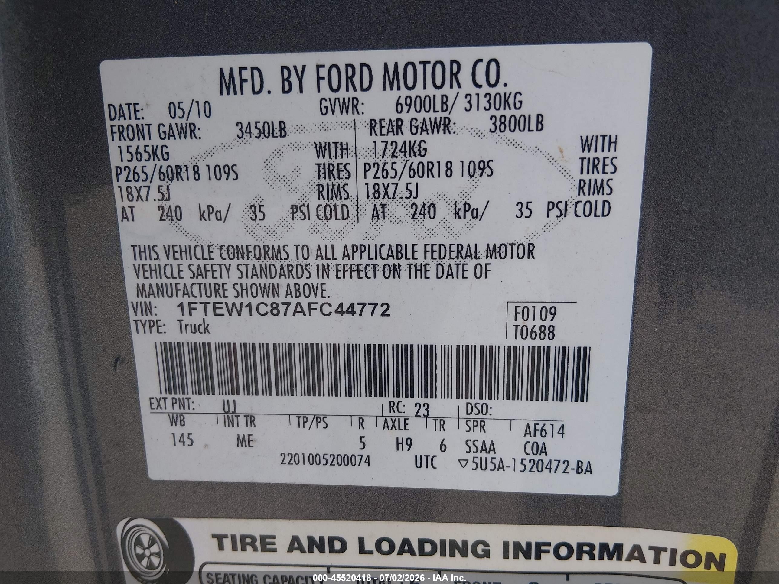 2010 Ford F-150 Fx2 Sport/xl/xlt Gray vin: 1FTEW1C87AFC44772