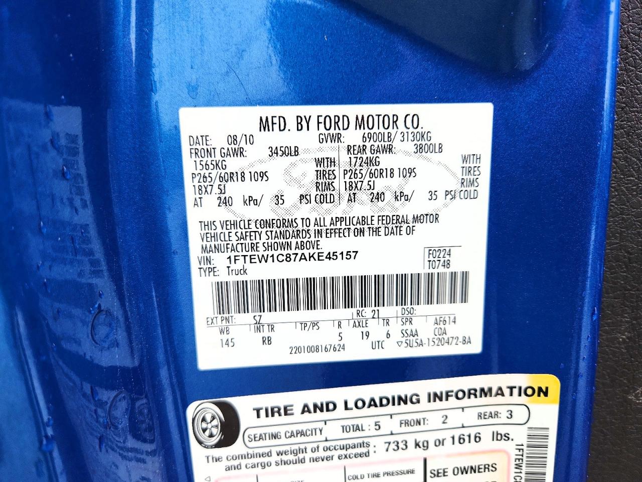 2010 Ford F150 Supercrew Blue vin: 1FTEW1C87AKE45157