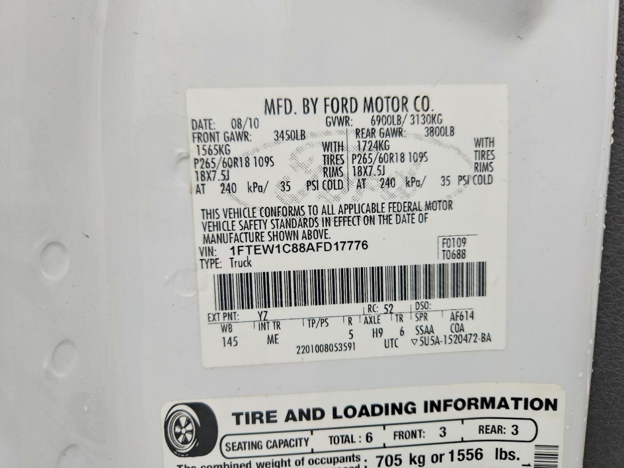 2010 Ford F150 Supercrew White vin: 1FTEW1C88AFD17776