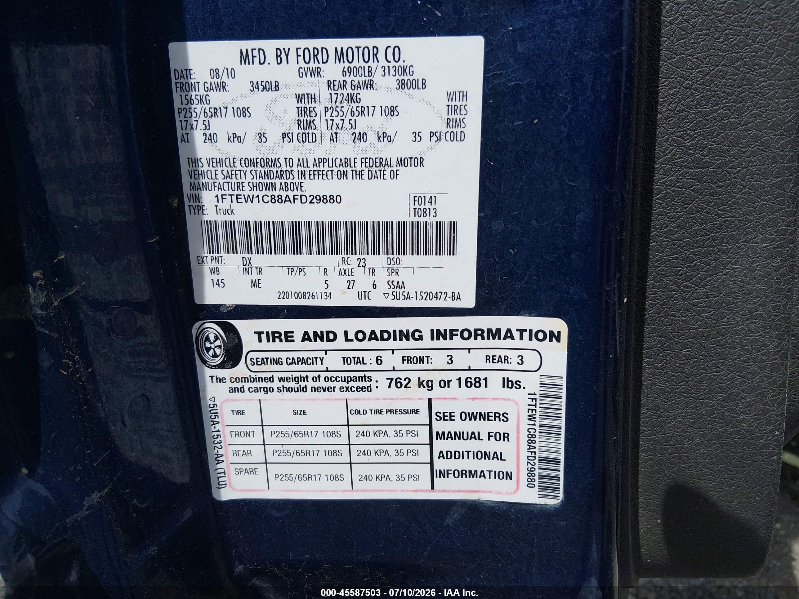 2010 Ford F-150 Fx2 Sport/xl/xlt Blue vin: 1FTEW1C88AFD29880