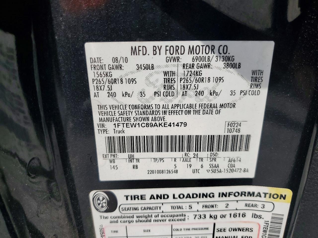2010 Ford F150 Supercrew Black vin: 1FTEW1C89AKE41479