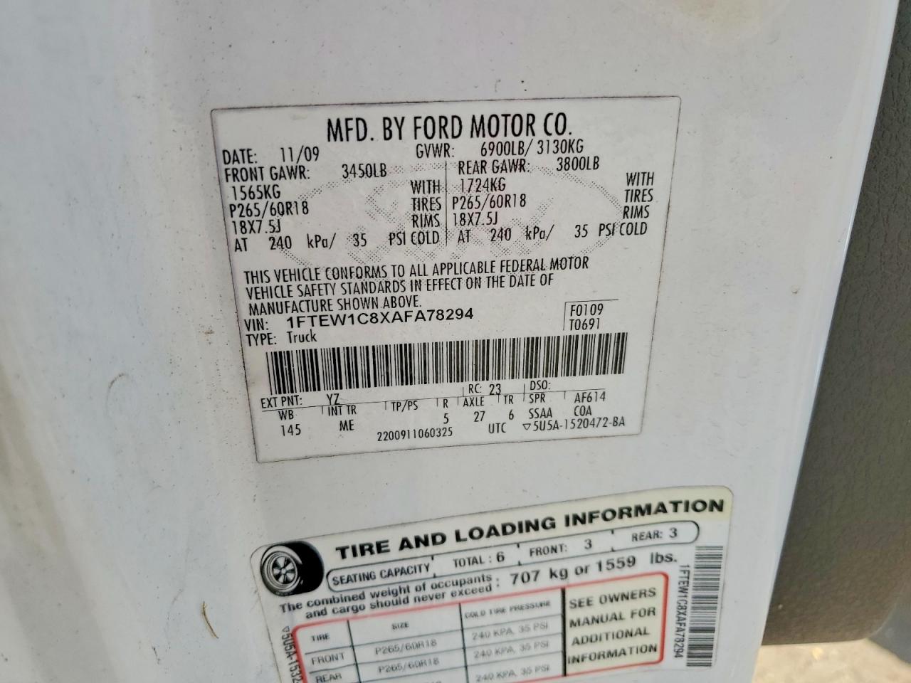 2010 Ford F150 Supercrew White vin: 1FTEW1C8XAFA78294