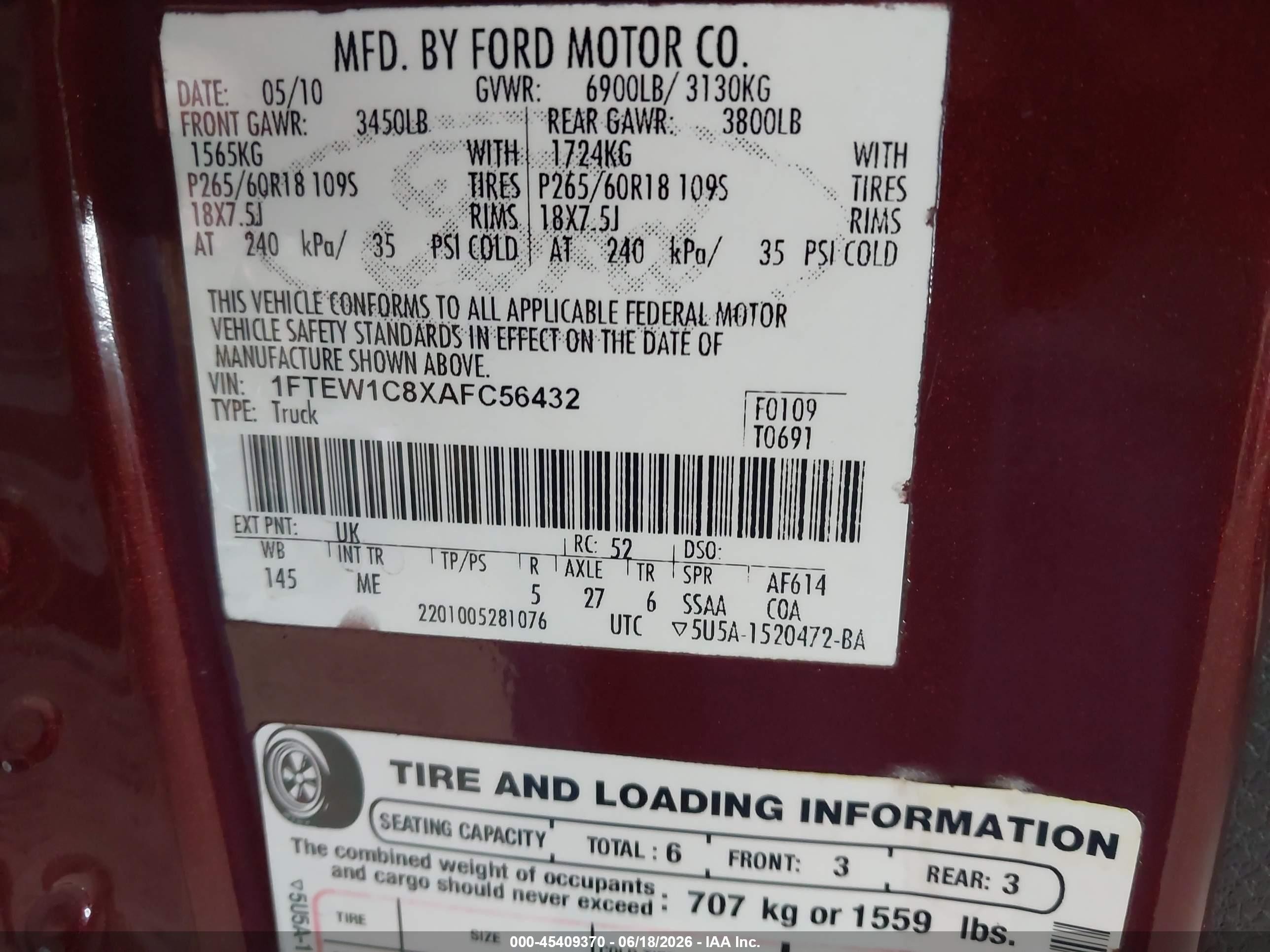 2010 Ford F-150 Fx2 Sport/xl/xlt Burgundy vin: 1FTEW1C8XAFC56432