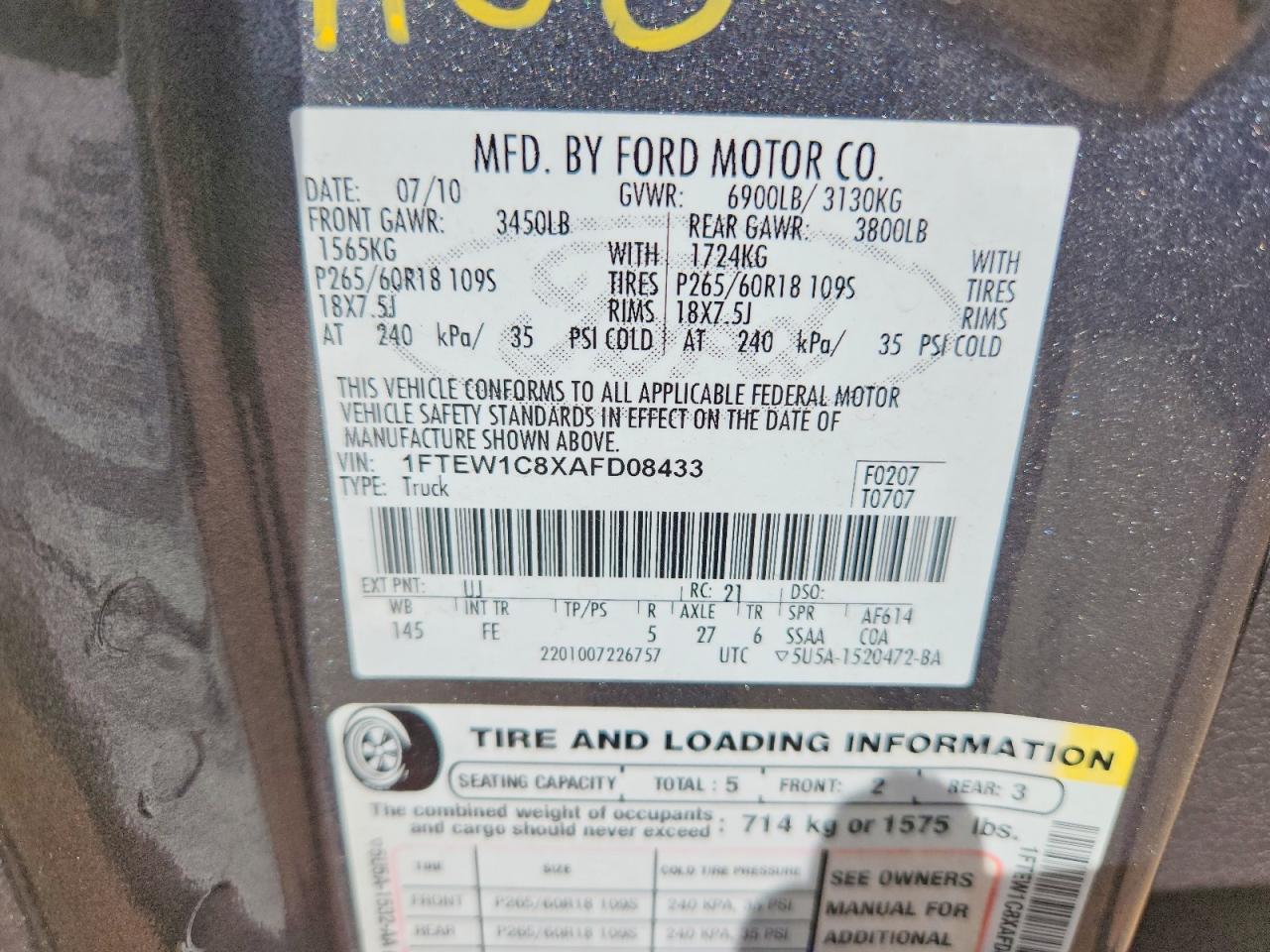 2010 Ford F150 Supercrew Gray vin: 1FTEW1C8XAFD08433