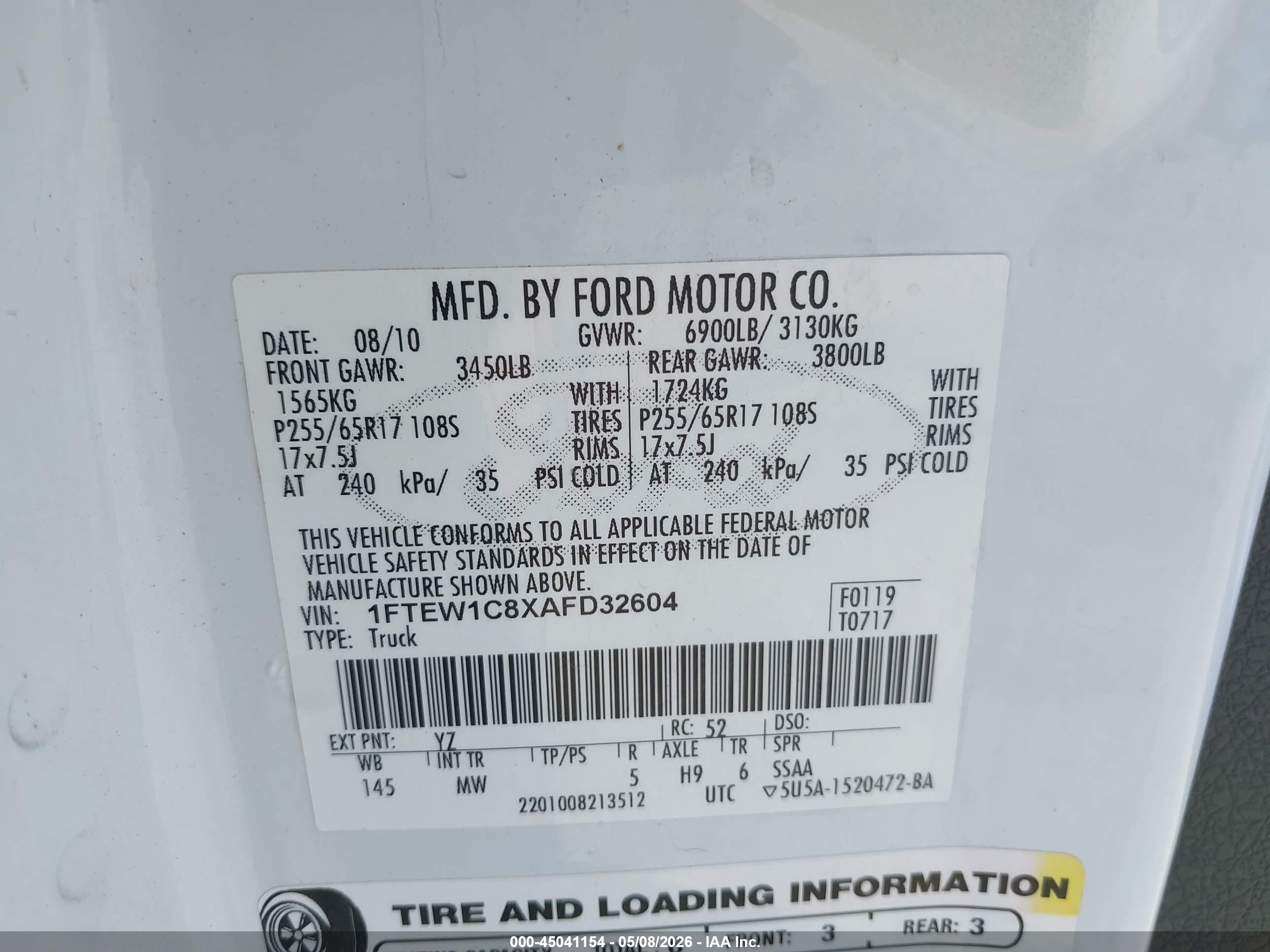 2010 Ford F-150 Fx2 Sport/xl/xlt White vin: 1FTEW1C8XAFD32604
