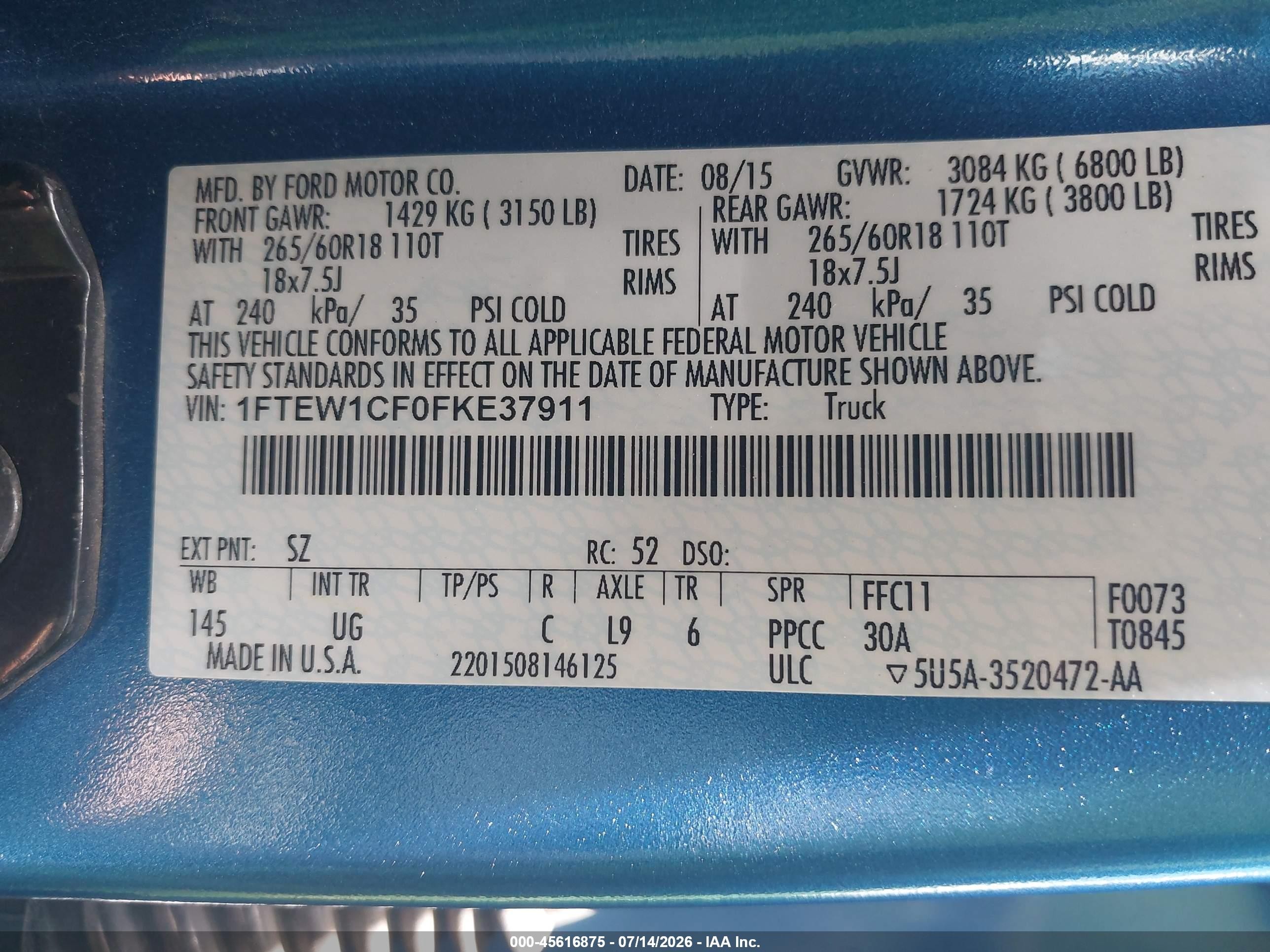 2015 Ford F-150 Xlt Blue vin: 1FTEW1CF0FKE37911