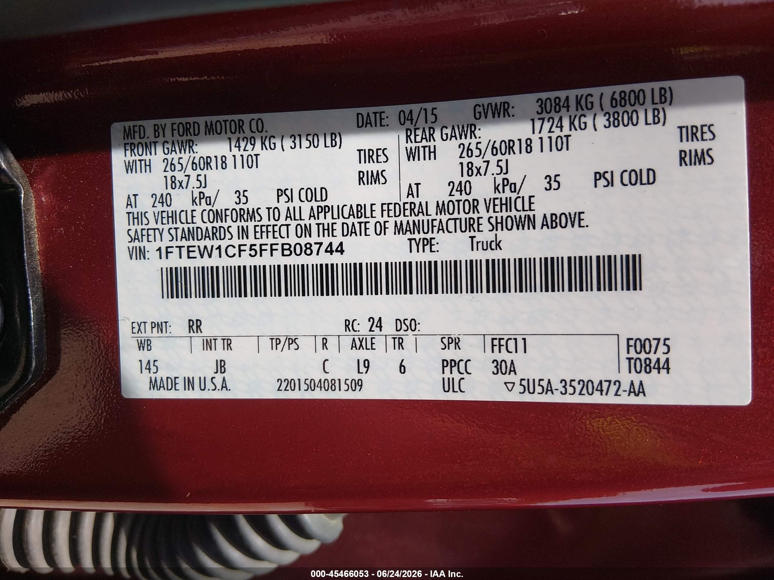 2015 Ford F-150 Xlt Red vin: 1FTEW1CF5FFB08744