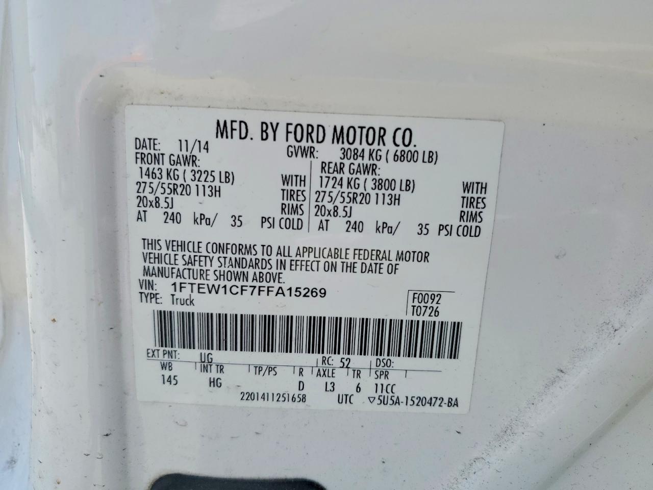 2015 Ford F150 Supercrew White vin: 1FTEW1CF7FFA15269