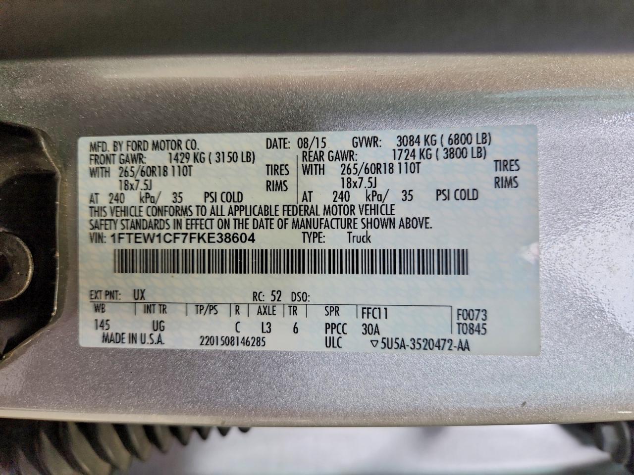2015 Ford F150 Supercrew Silver vin: 1FTEW1CF7FKE38604