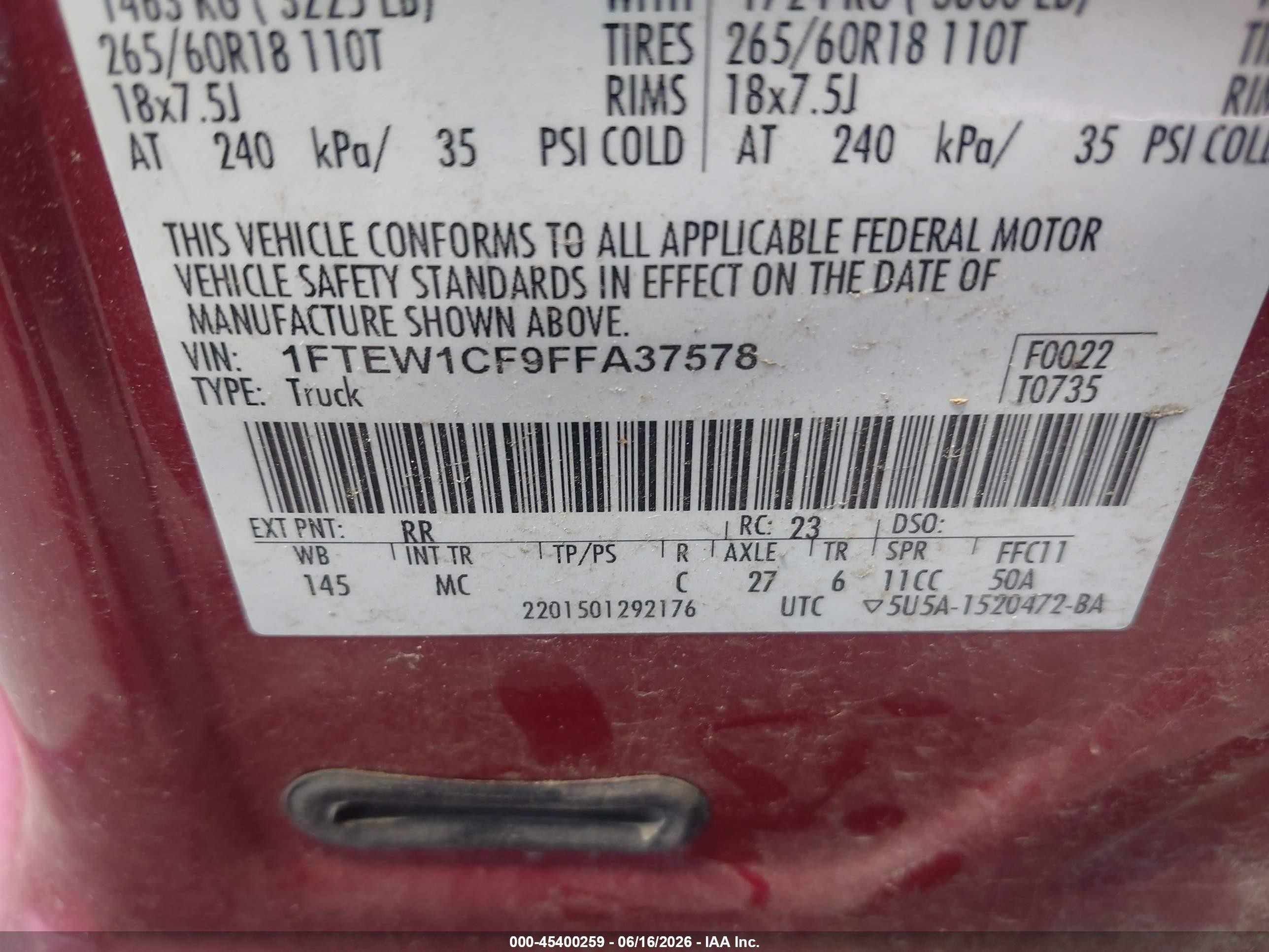 2015 Ford F-150 King Ranch/lariat/platinum/xl/xlt Maroon vin: 1FTEW1CF9FFA37578