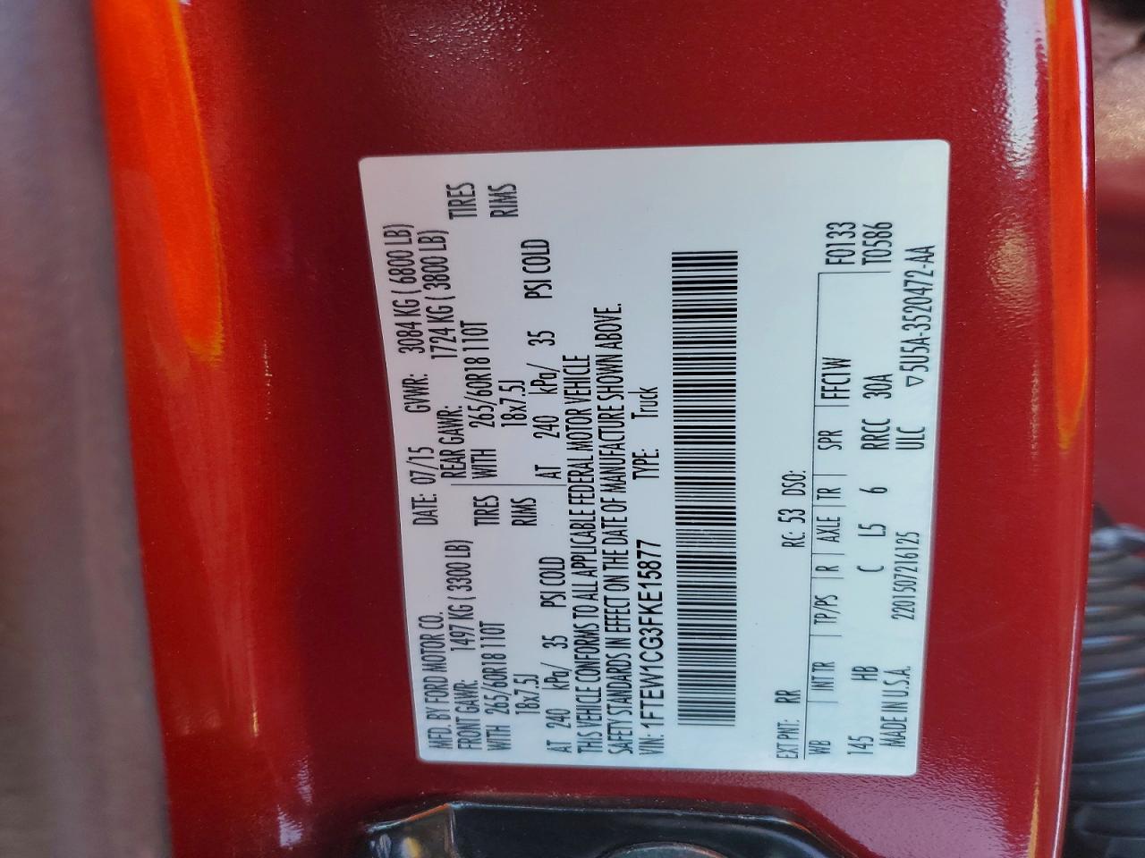 2015 Ford F150 Supercrew Red vin: 1FTEW1CG3FKE15877