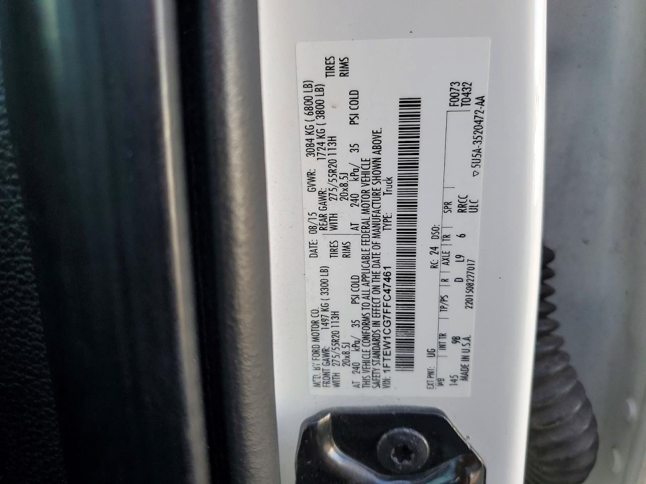 2015 Ford F150 Supercrew White vin: 1FTEW1CG7FFC47461