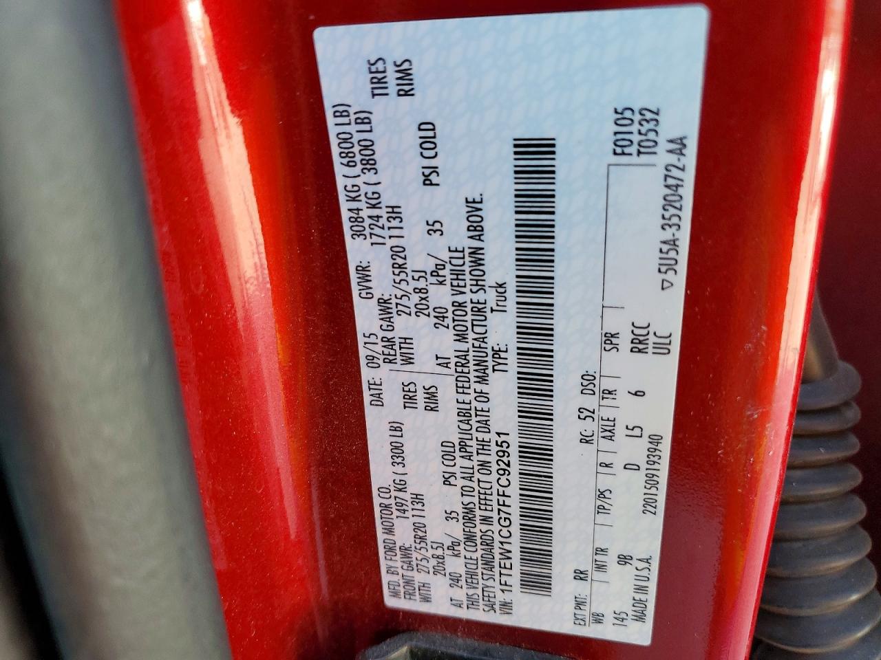 2015 Ford F150 Supercrew Red vin: 1FTEW1CG7FFC92951