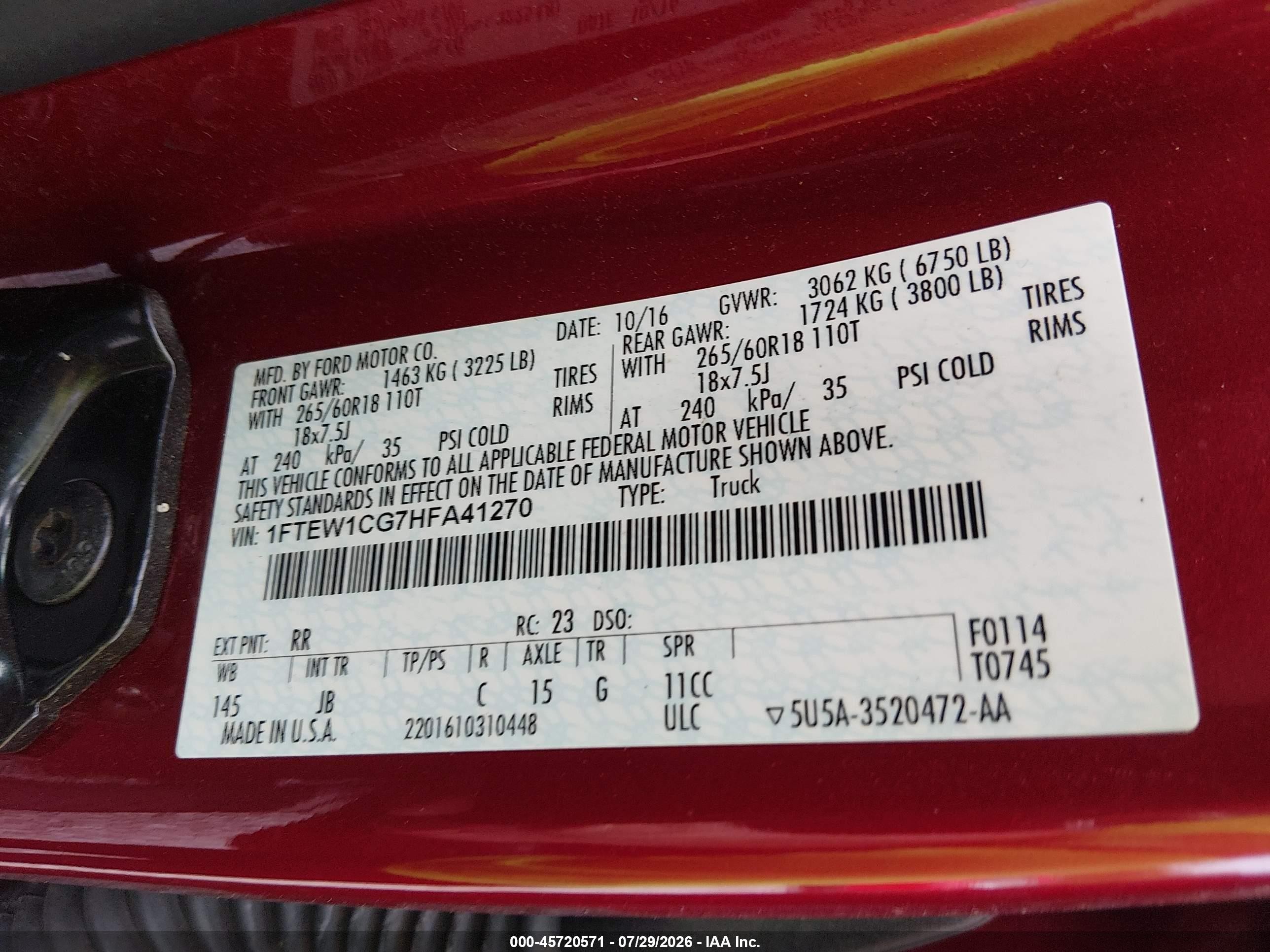 2017 Ford F-150 King Ranch/lariat/limited/platinum/xl/xlt Maroon vin: 1FTEW1CG7HFA41270