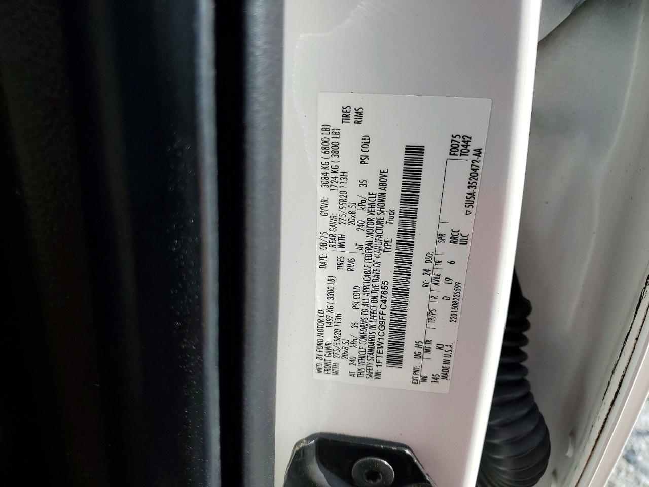 2015 Ford F150 Supercrew White vin: 1FTEW1CG9FFC47655