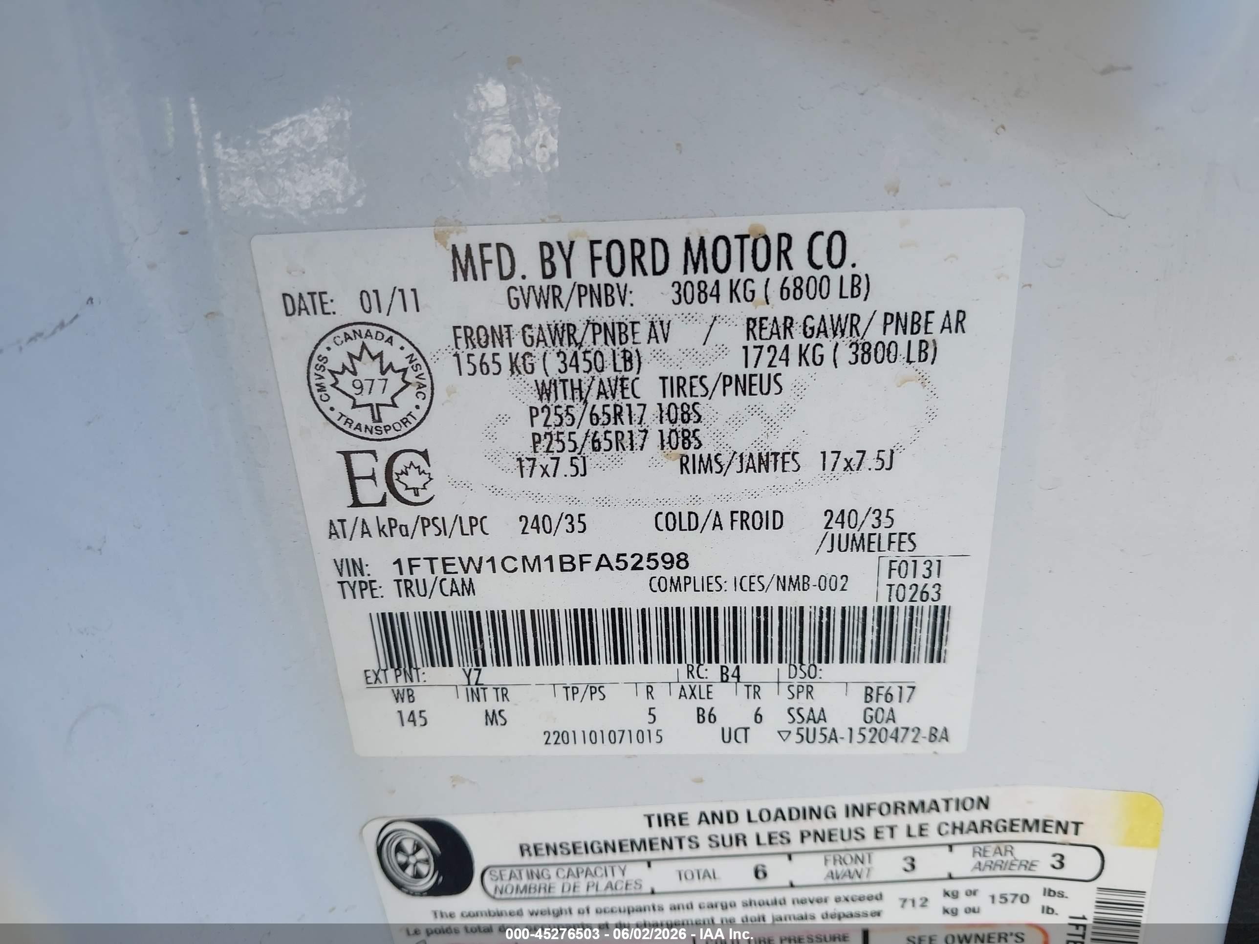 2011 Ford F150 Supercrew White vin: 1FTEW1CM1BFA52598