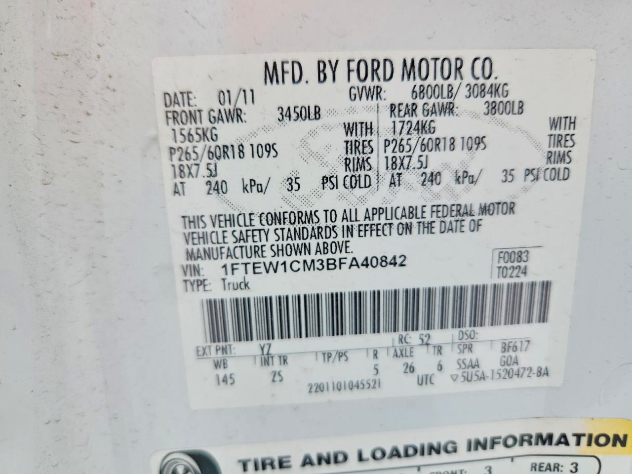 2011 Ford F150 Supercrew White vin: 1FTEW1CM3BFA40842