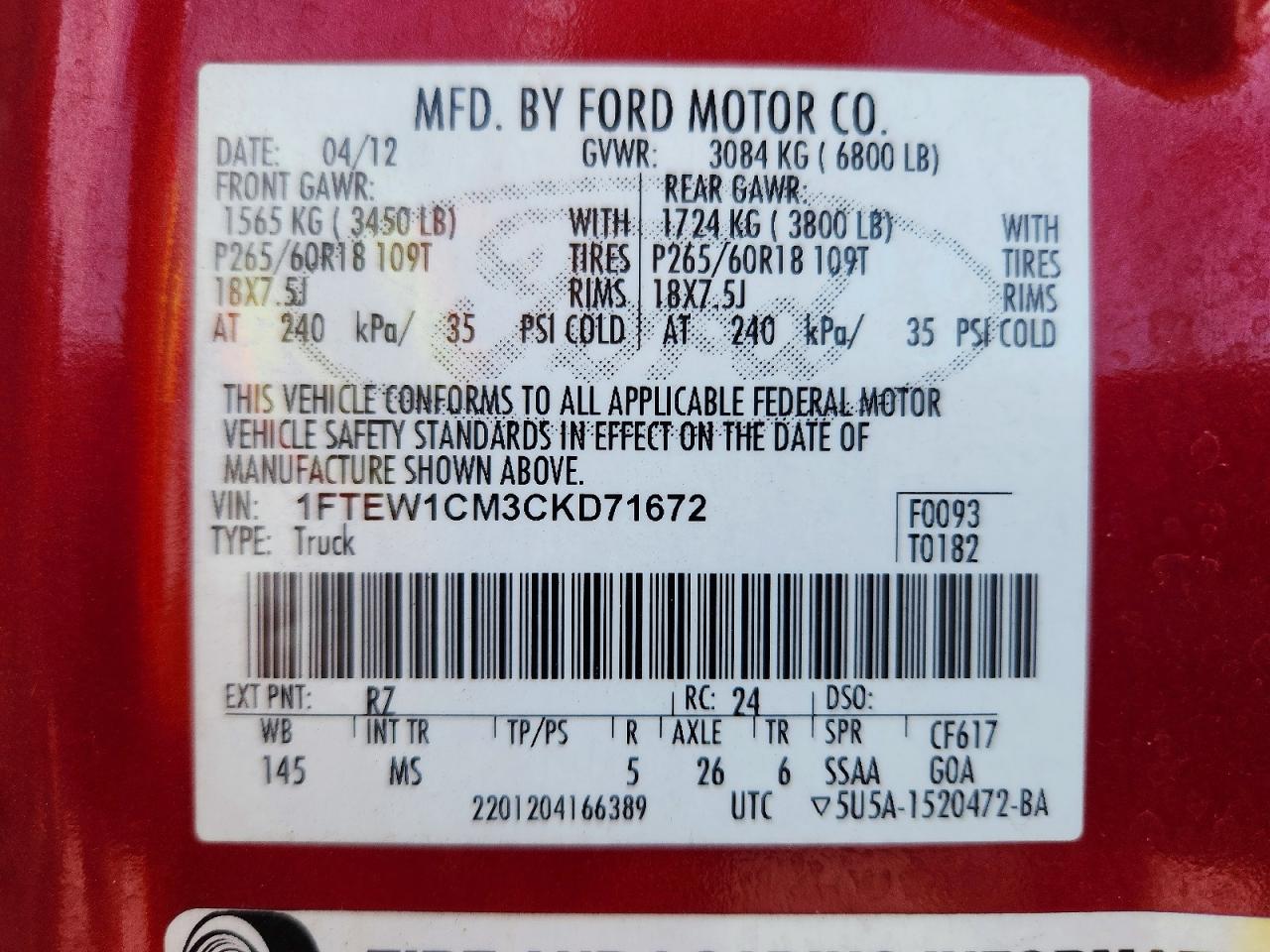 2012 Ford F150 Supercrew Red vin: 1FTEW1CM3CKD71672
