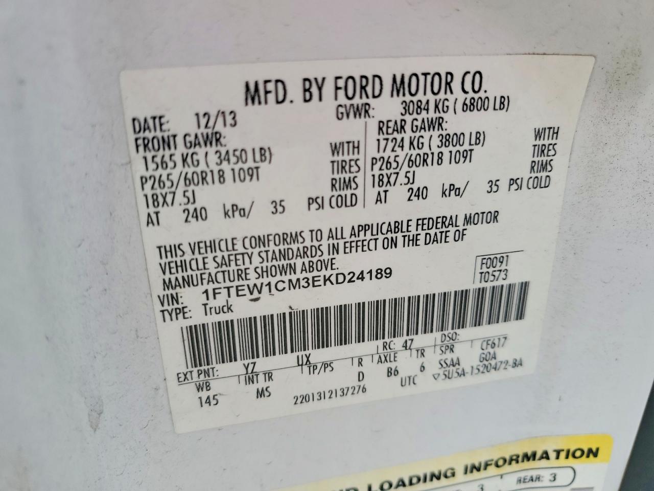 2014 Ford F150 Supercrew Белый vin: 1FTEW1CM3EKD24189