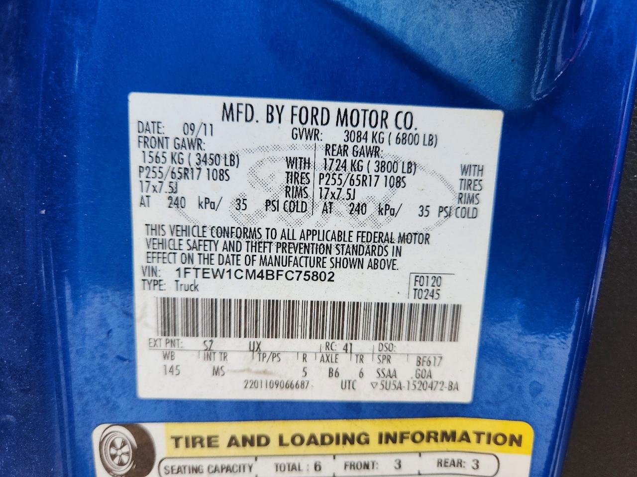 2011 Ford F150 Supercrew Blue vin: 1FTEW1CM4BFC75802